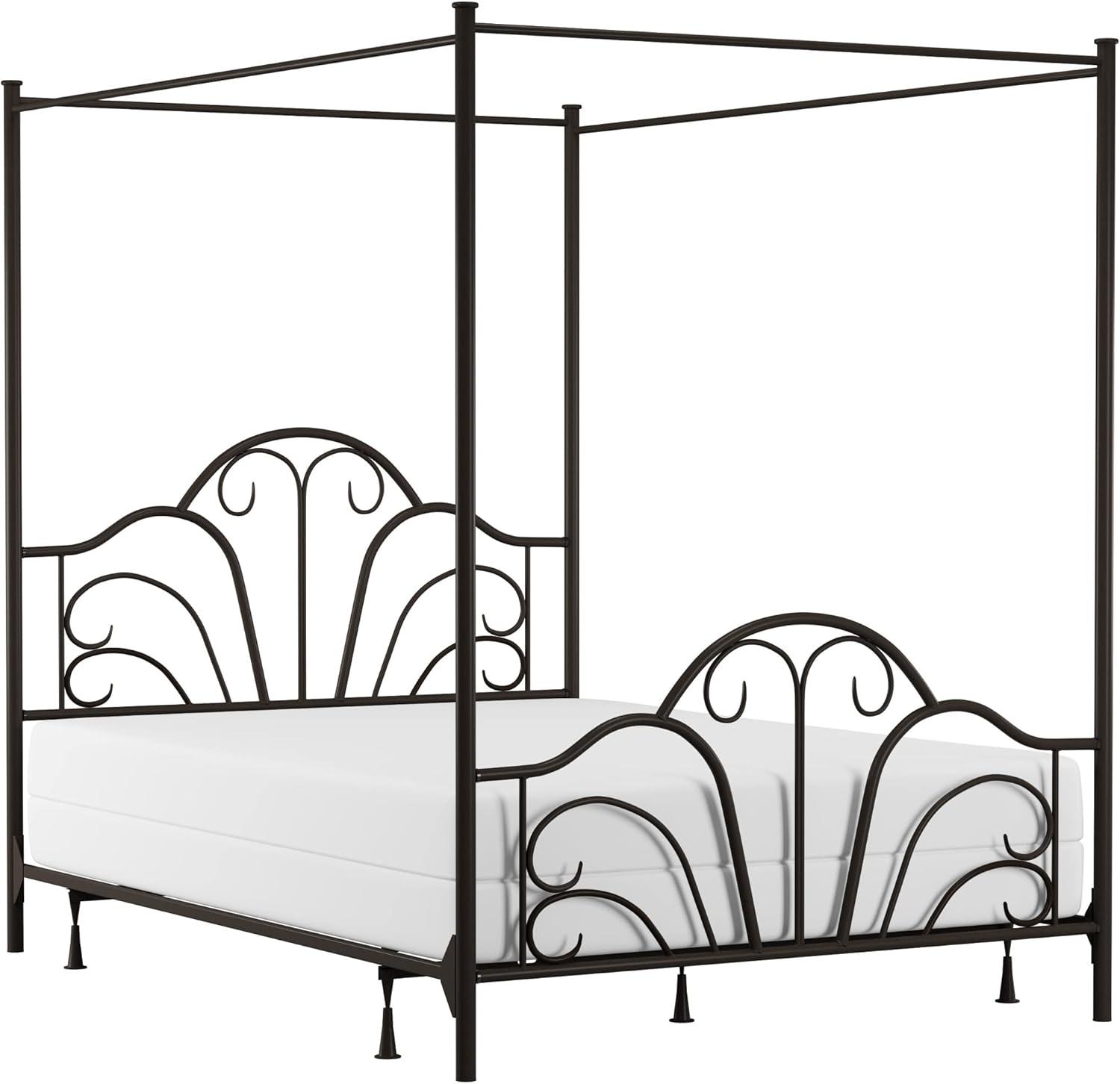 Dover Full/Double Metal Canopy Bed with Scrollwork, Textured Black