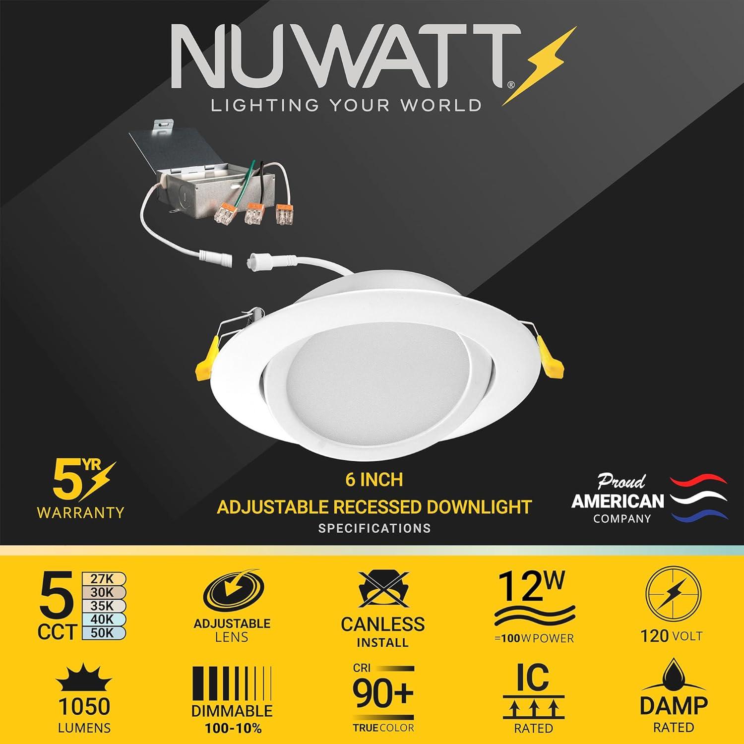 Adjustable Downlight 6'' Selectable Color Temperature Dimmable Air-Tight IC Rated LED Canless Recessed Lighting Kit