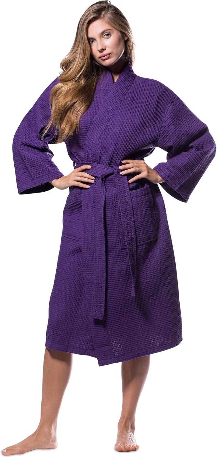 Turquaz Linen Lightweight Long Waffle Kimono Unisex Spa Robe (Small/Medium, Purple)