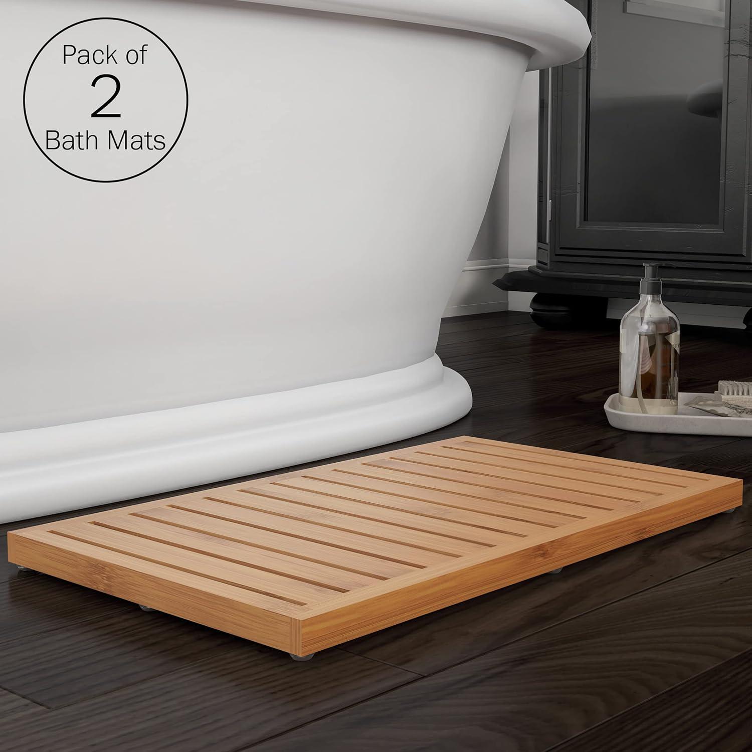Bamboo Bath Mat Set – 2-Pack Non-Slip Wooden Bath Mats with Slatted Design for Indoor/Outdoor Bathtub, Shower, Sauna, Pool, or Hot Tub by Lavish Home