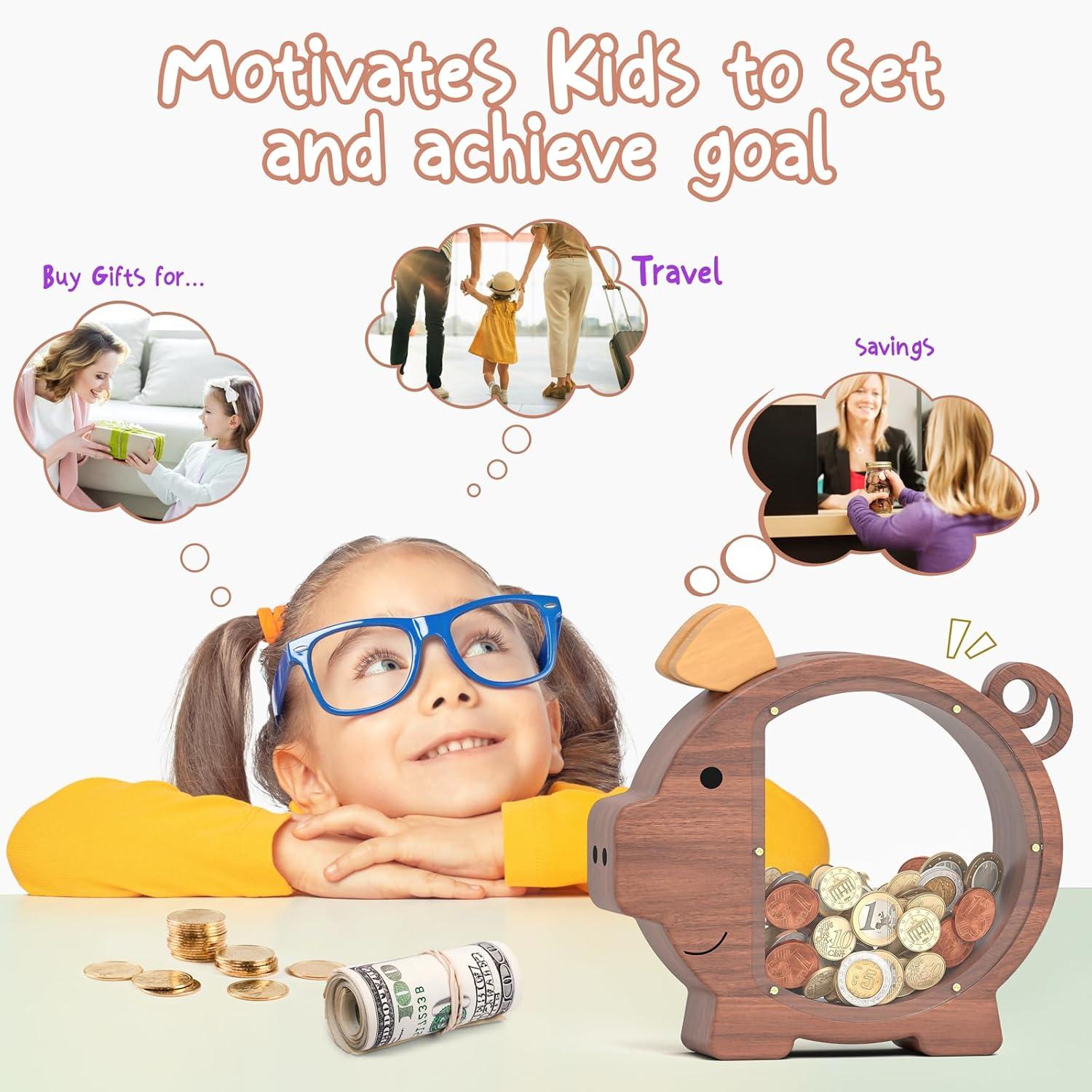 Summidate Wooden Piggy Bank for Boys, Large Unbreakable Money Bank for Kids Adults, Bills Coin Change Money Saving Money Jar Personalized Present for Birthday Christmas& Decor