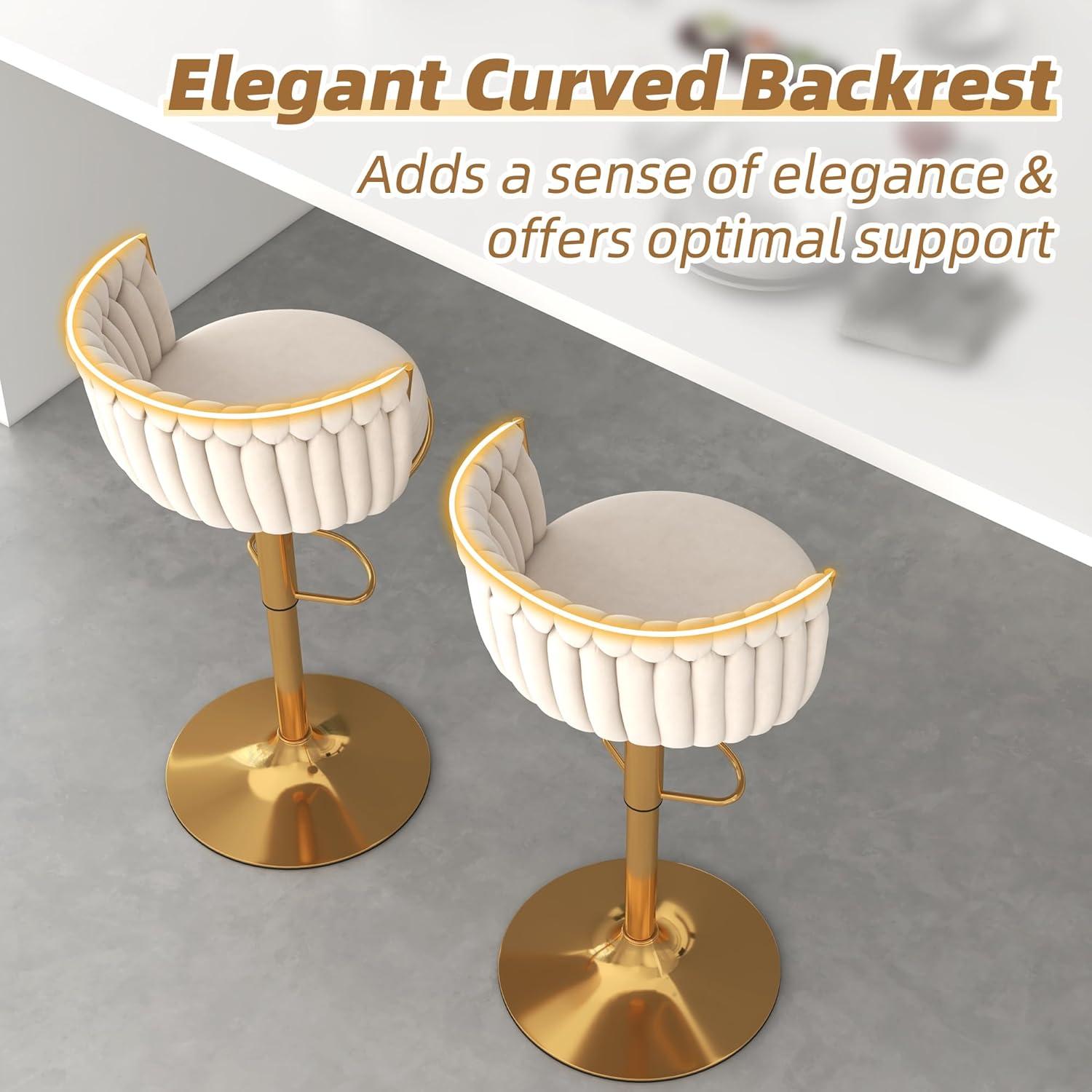 Counter Height Stools Set of 2, Velvet Bar Stools with 27 Inches Upholstered Seat Height, Handmade Woven Back Armrest, Sturdy Golden Metal Legs for Home Dining Pub Kitchen Island, Beige