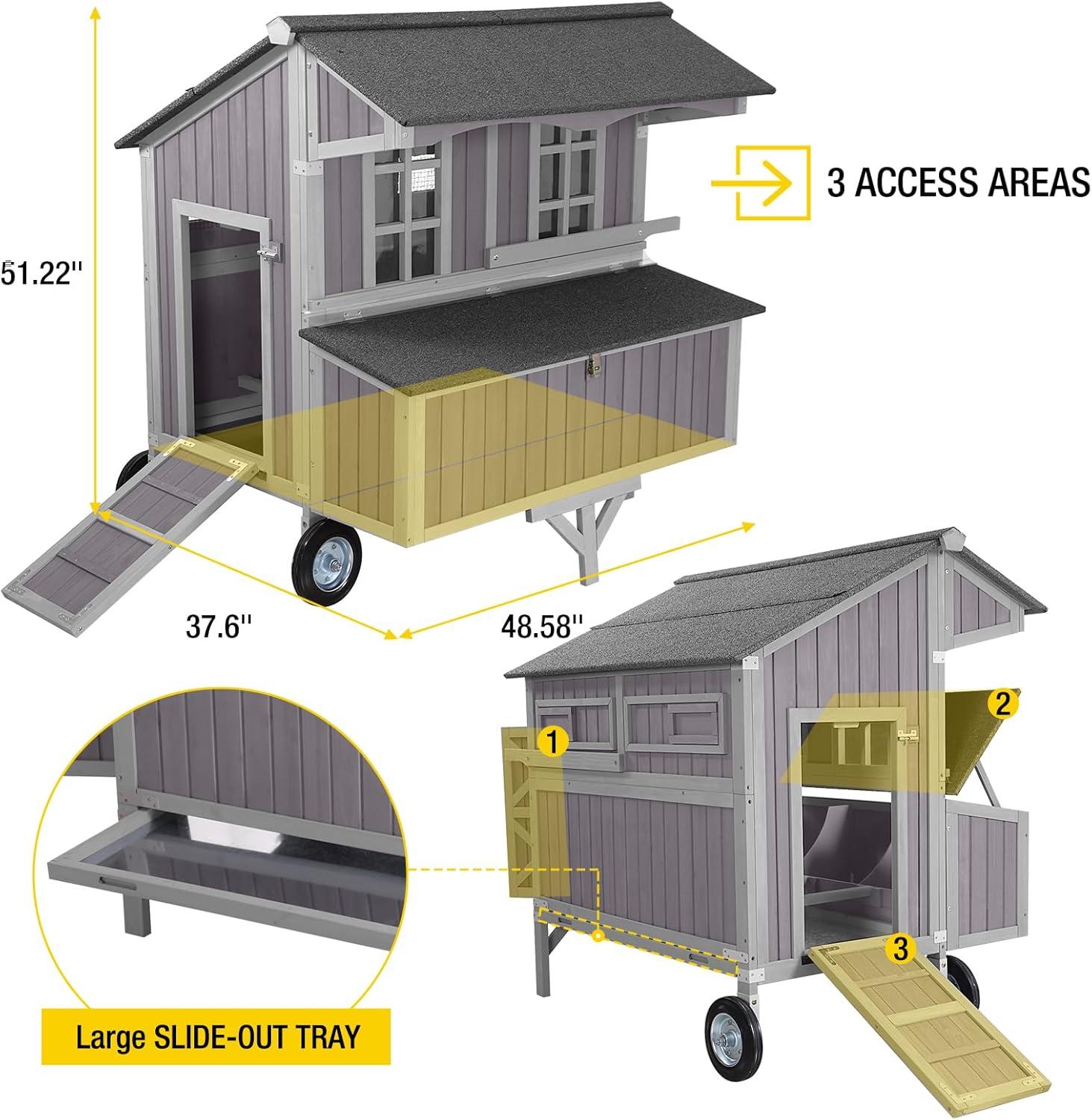 Extra-Large Gray Fir Wood Chicken Coop with Wheels