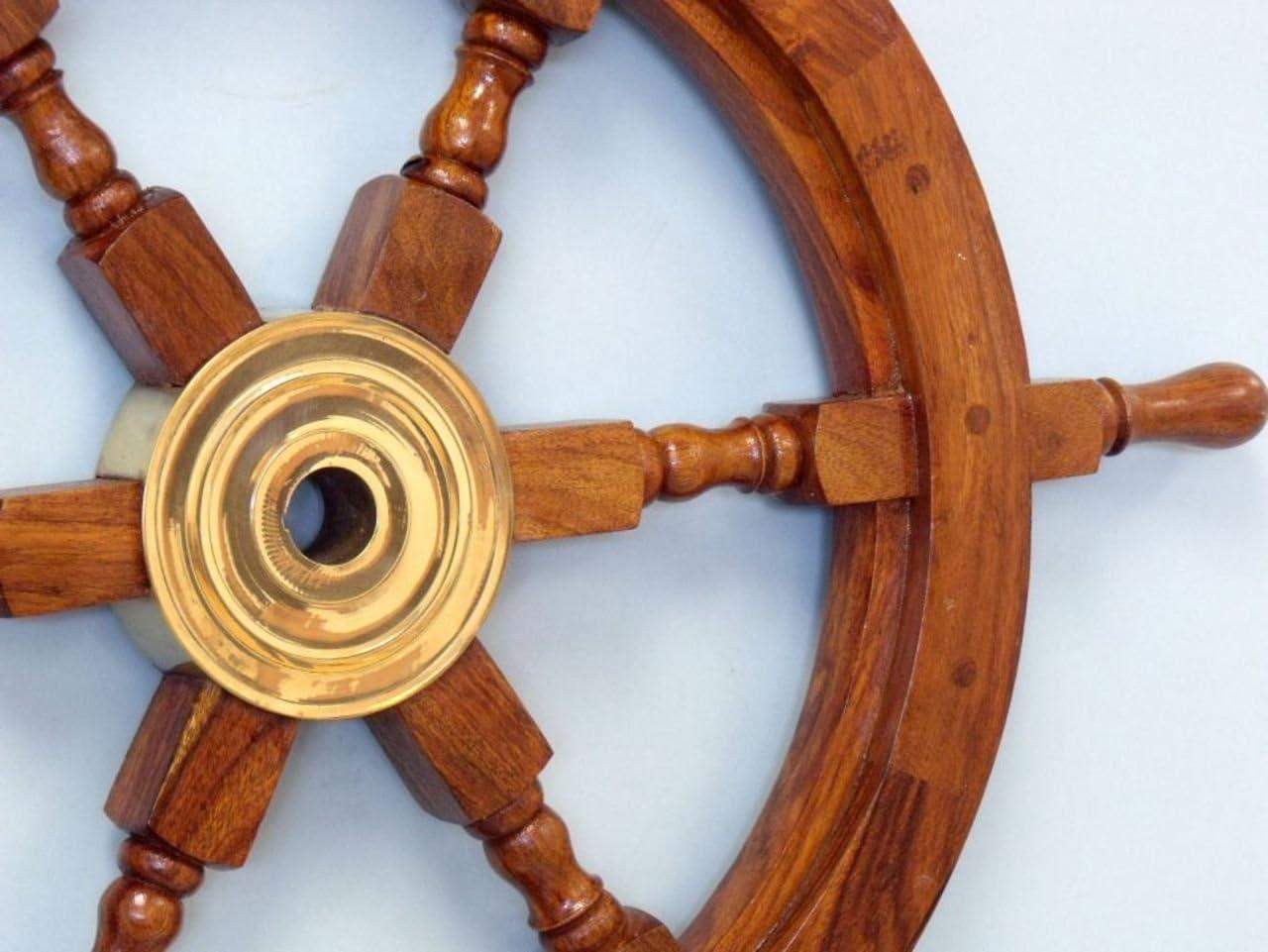 Deluxe Lacquered Wood and Brass Nautical Ship Wheel 18"