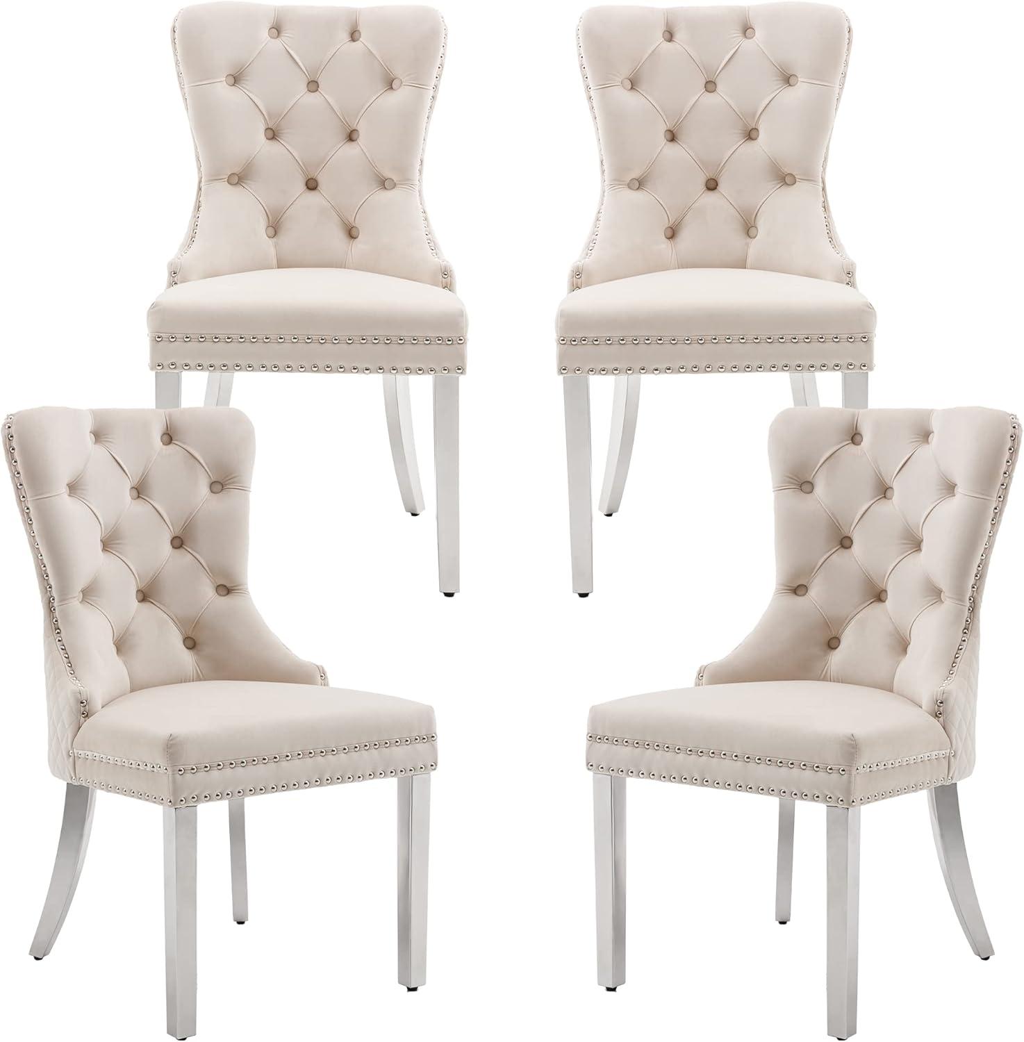 SoarFlash Velvet Dining Chairs Set of 4, Tall Back Side Chair, Modern Upholstered High-end Tufted Side Chair with Button Back Ring, Solid Wood Legs (Beige)