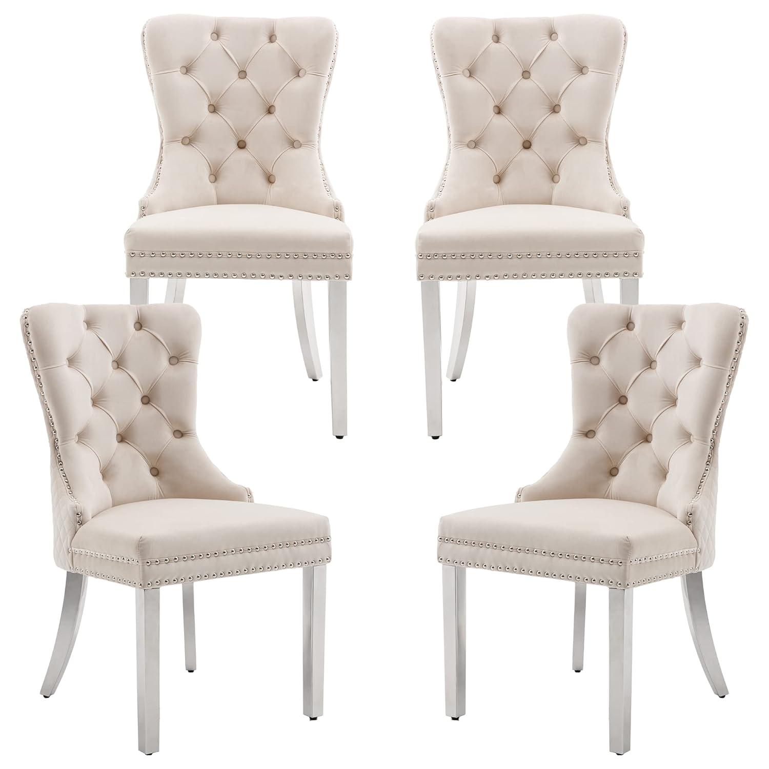 SoarFlash Velvet Dining Chairs Set of 4, Tall Back Side Chair, Modern Upholstered High-end Tufted Side Chair with Button Back Ring, Solid Wood Legs (Beige)