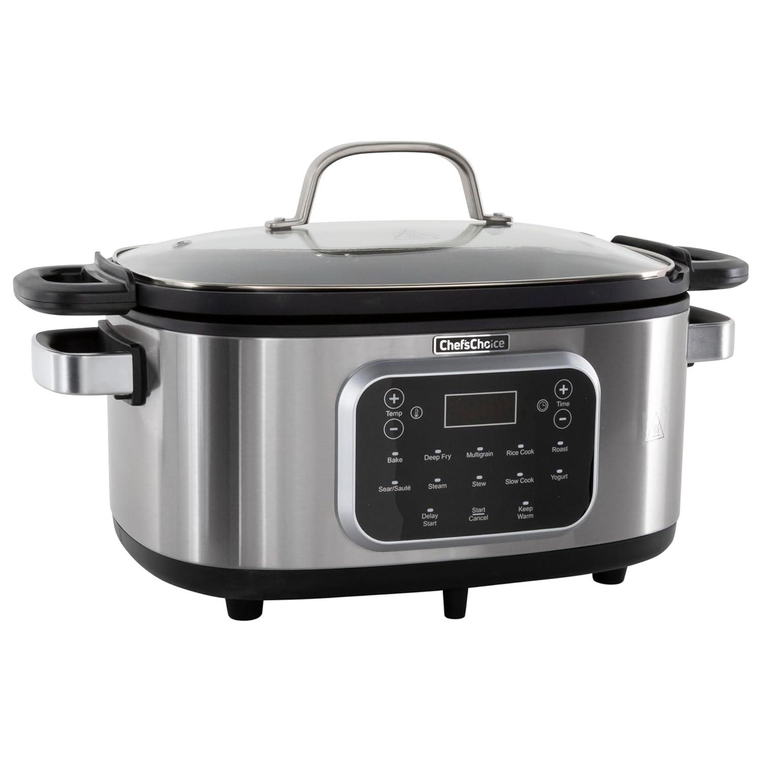 Chef'sChoice Multicooker, Large 6-Quart Capacity Multipurpose Non-Stick Vessel and Variable Temperature Control with Keep Warm and 12 Cooking Presets, 1300-Watts, Stainless Steel