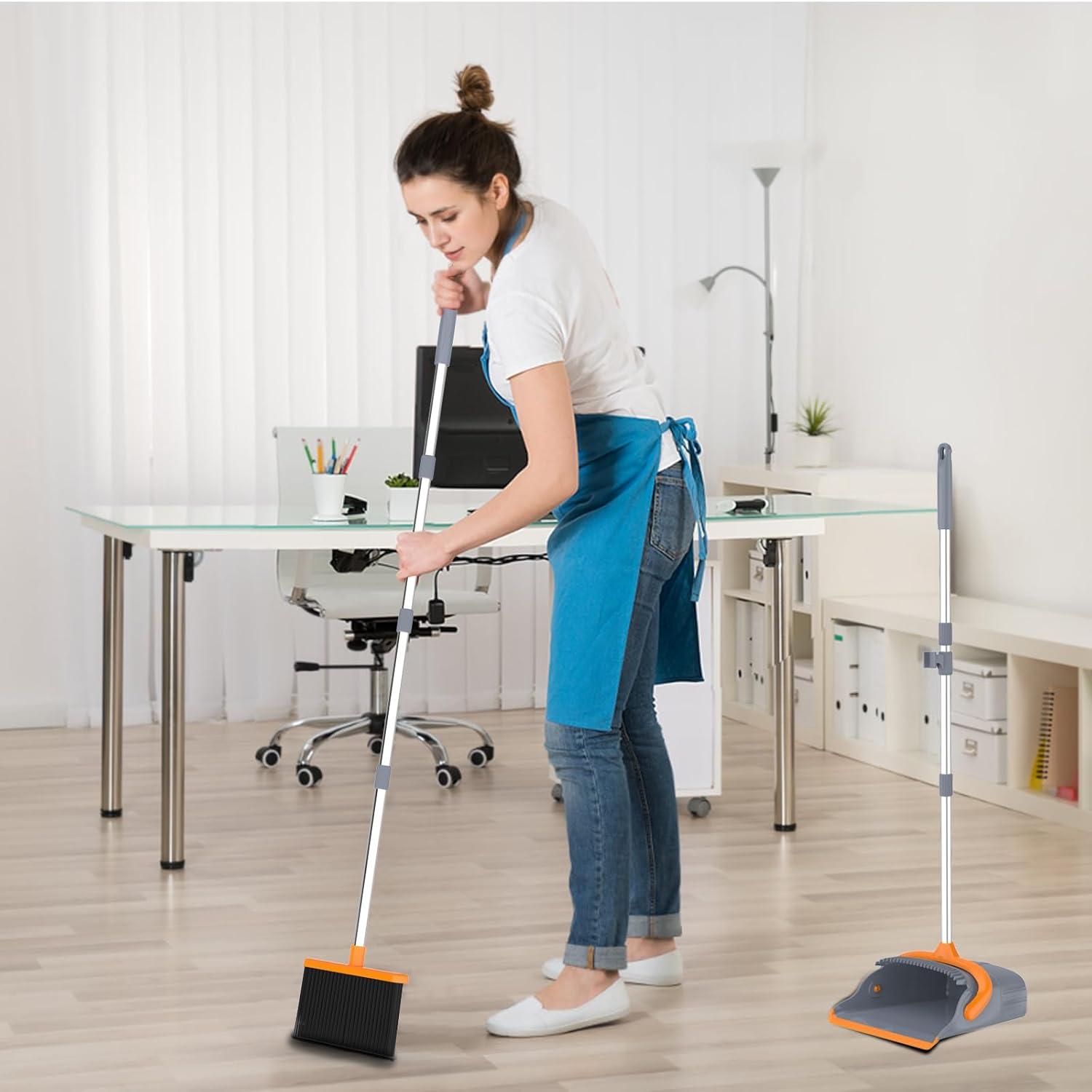 Broom and Dustpan Set for Home, Broom and Dustpan Combo for Office, Long Handle Broom with Upright Standing Dust pan,Indoor&Outdoor Sweeping (Gray&Orange)