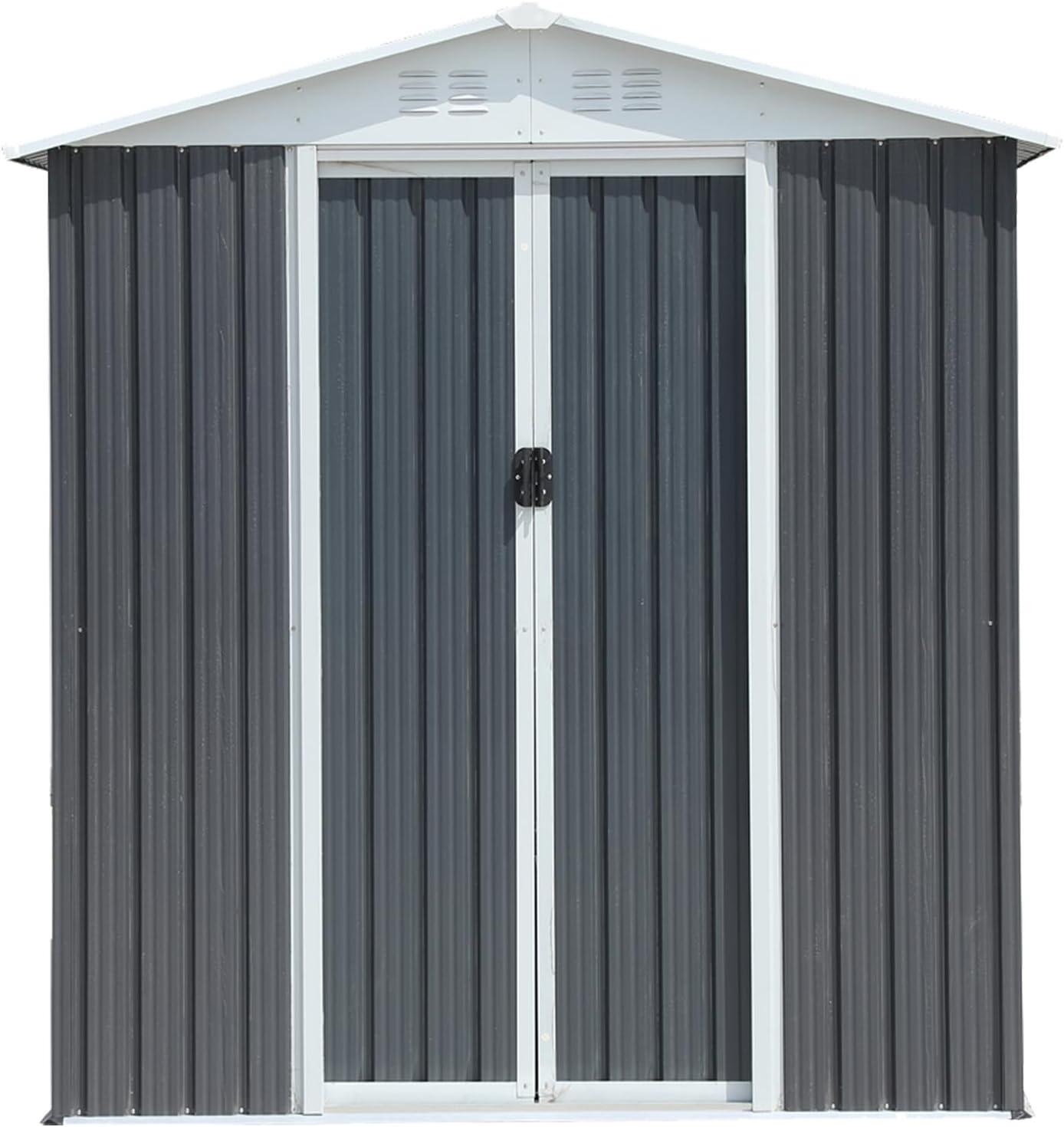 HD JUNTUNKOR 6'x4' Outdoor Storage Shed, Galvanized Metal Garden Sheds with Lockable Door for Backyard, Patio, Lawn, Gray