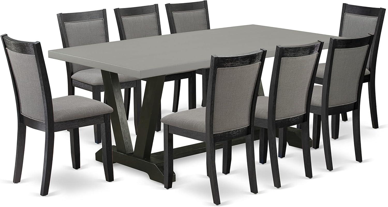 72" Cement Top Dining Table with 8 Dark Gray Linen Chairs