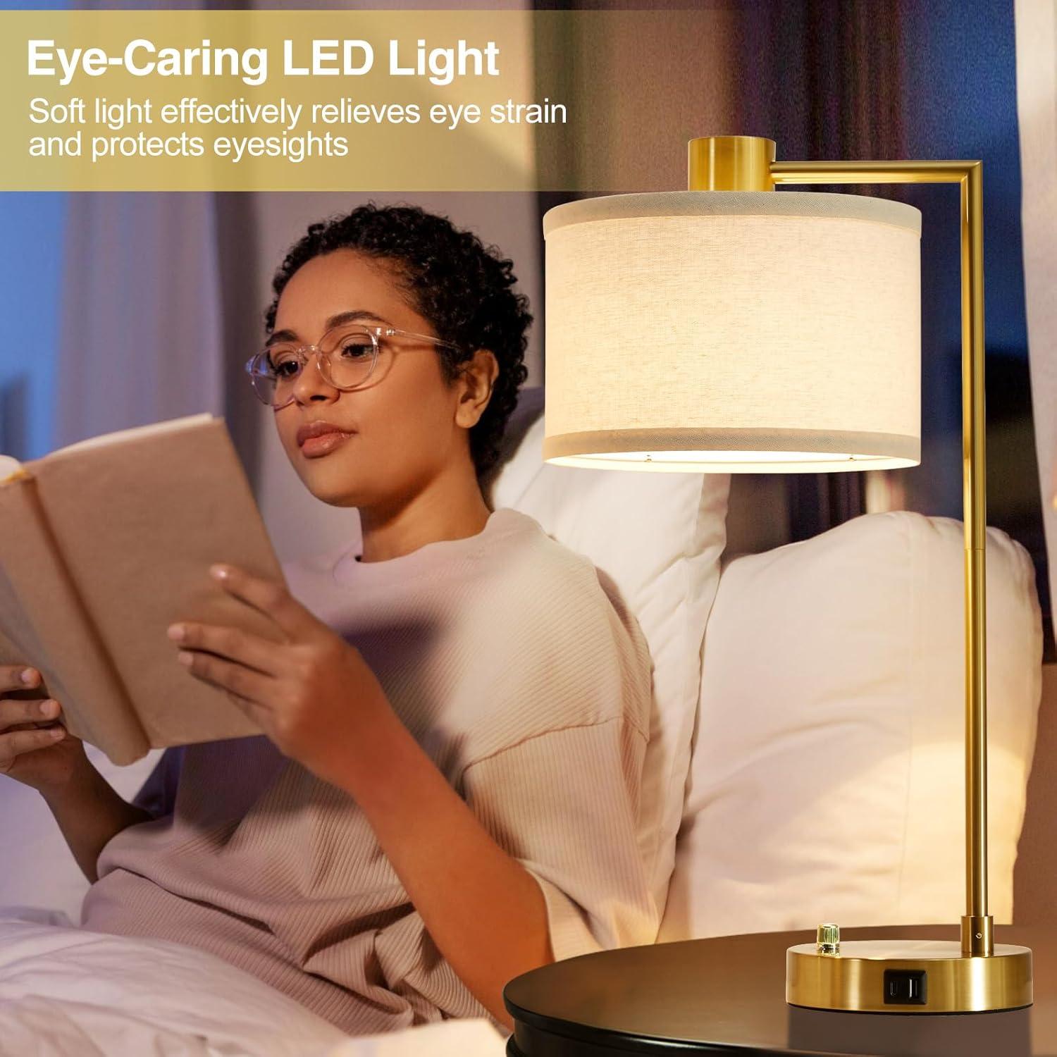 Table Lamp for Bedroom Set of 2 with USB C+A Ports, Fully Bedside Lamp with Linen Lampshade, Nightstand Lamp for Living Room Reading Office, 2 LED Bulbs Included (Gold)