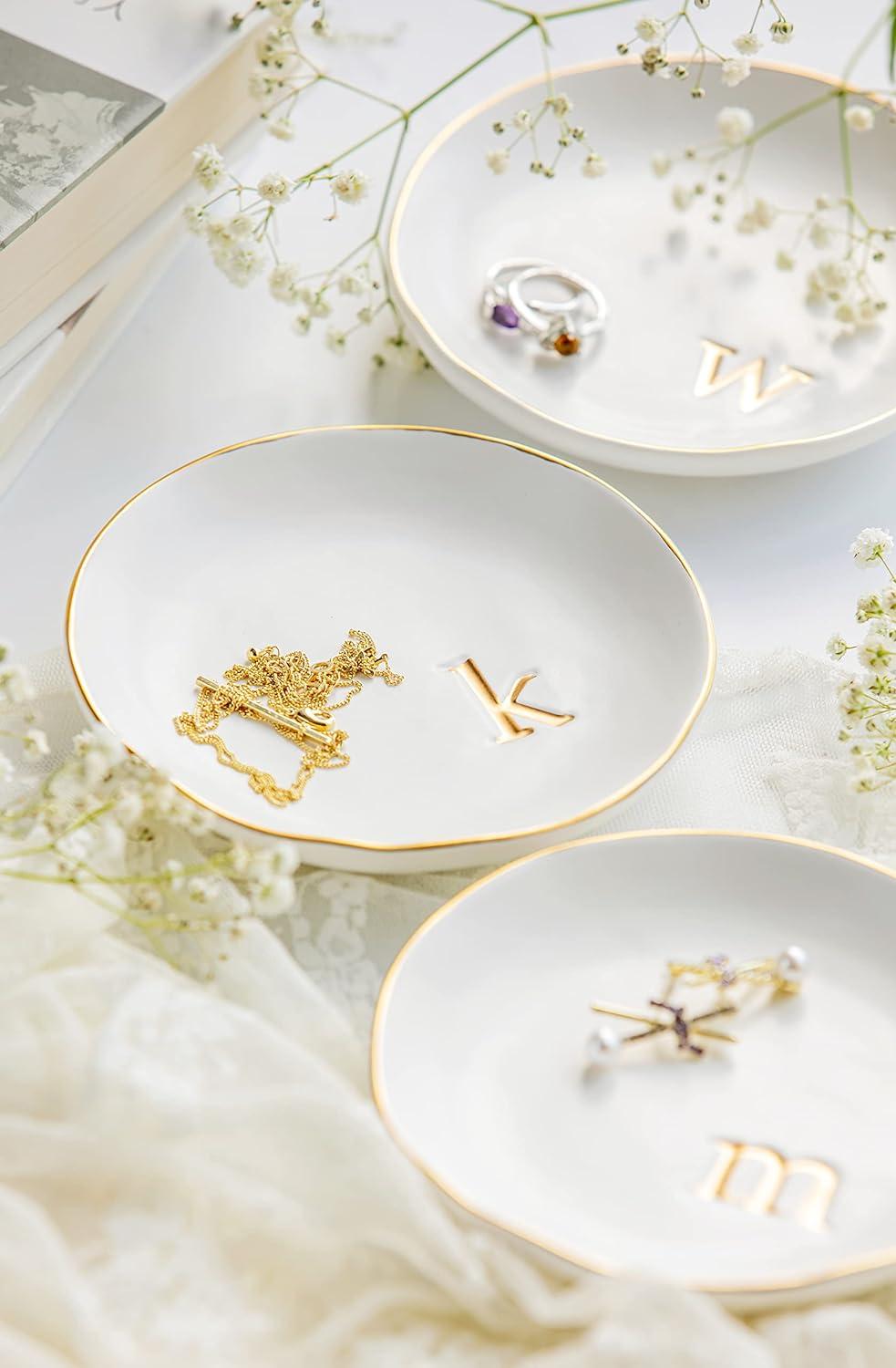 White Ceramic Jewelry Dish with Gold Monogram Accent