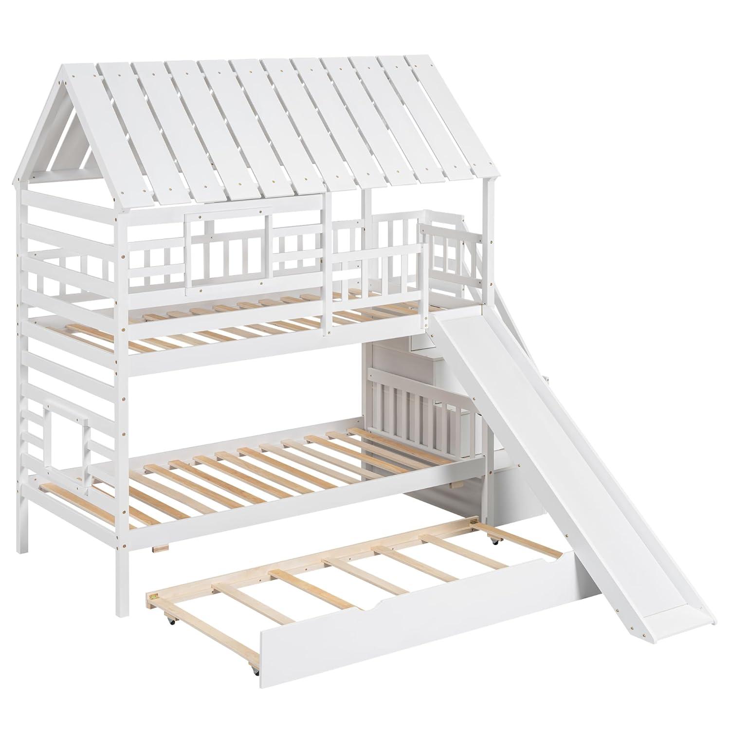Harper Orchard Twin Over Twin House Bunk Bed With Trundle And Slide