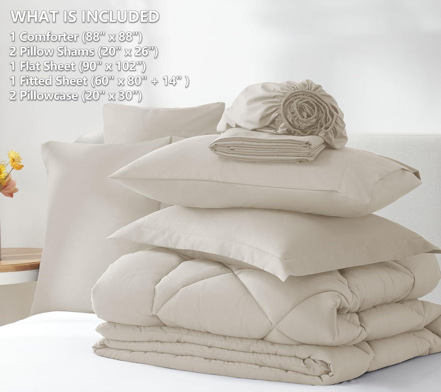 Cozy Comfort Beige Comforter Set - 7 Pieces Reversible Bed in a Bag with Comforters, Sheets, Pillowcases & Shams, Bedding Sets