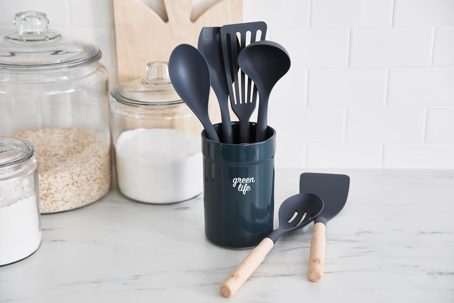 Black Nylon and Wood 7-Piece Cooking Utensil Set with Ceramic Holder