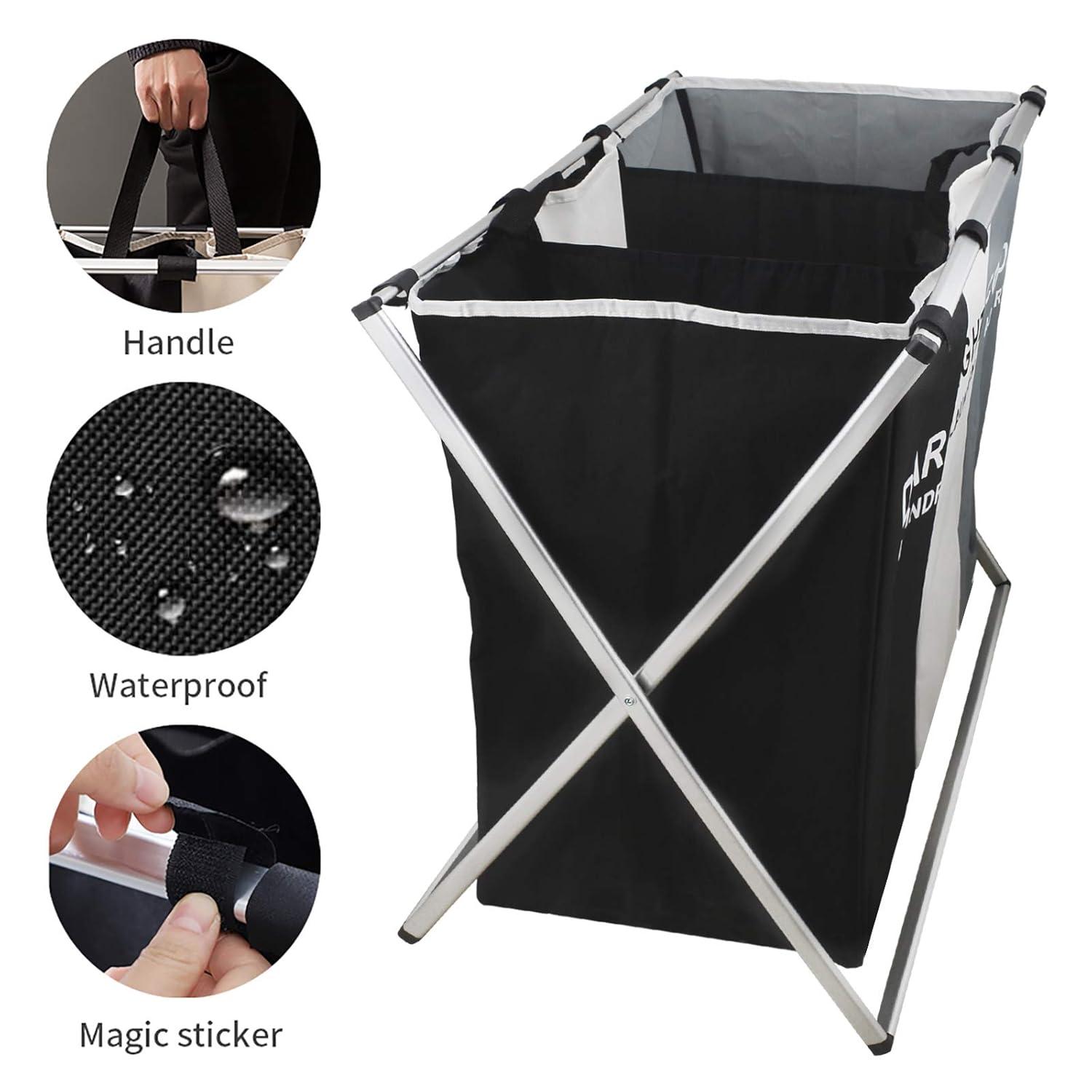Nicesail 3 Section Laundry Basket Printed Dark Light Color, Foldable Hamper/Sorter with Waterproof Oxford Bags and Aluminum Frame, Washing Clothes Storage for Home, Dormitary Multicolored
