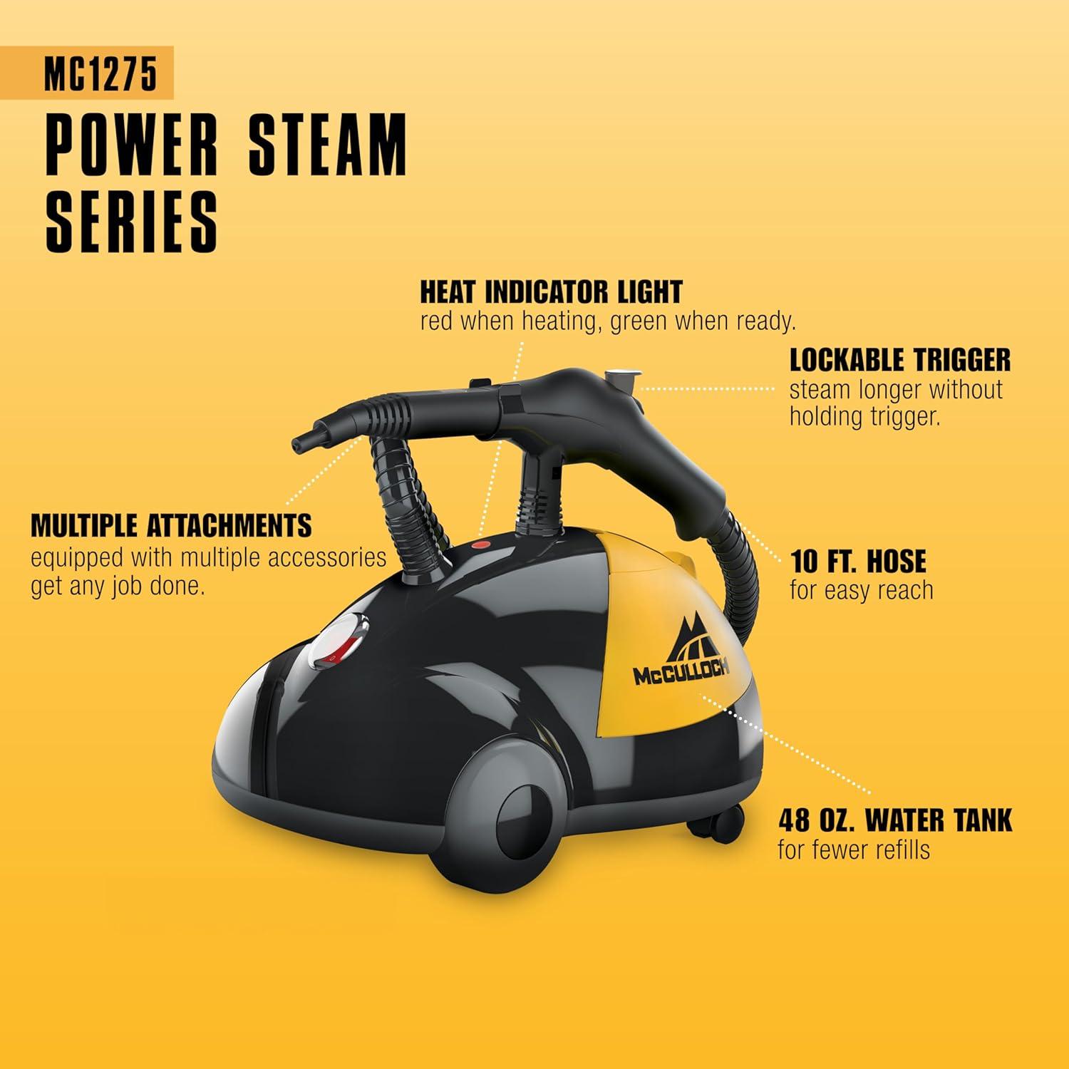 McCulloch MC1275 Heavy-Duty Steam Cleaner, 45 Minute Runtime, 18 Accessories: Mop Head, Brushes, & More - Built for Home, Tile, Grout, Carpet, Furniture, Car Detailing, & Commercial Deep Cleaning