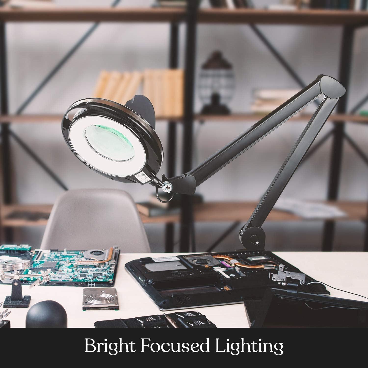 Brightech Lightview Pro 33 in. Adjustable Swing Arm Integrated 2.25X Magnifying Dimmable LED Desk Clamp Lamp