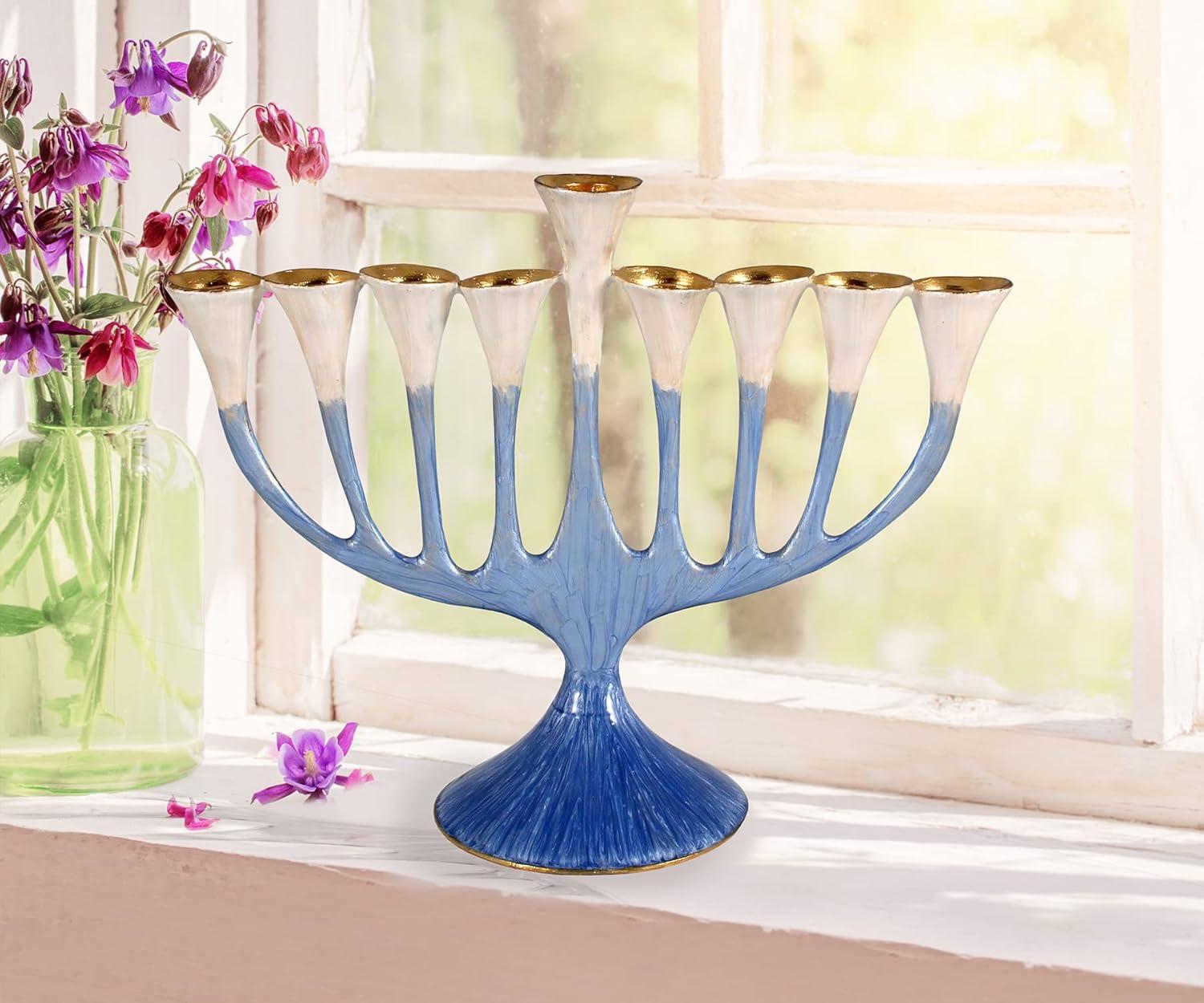Artistic Floral Hanukkah Menorah - Trumpet Flower Hanukkiah Enamel Plated Painted in Blue and Gold - fits Standard Chanukah Candles - Comes in a Gift Box Collectible Candle Menorahs by Zion Judaica