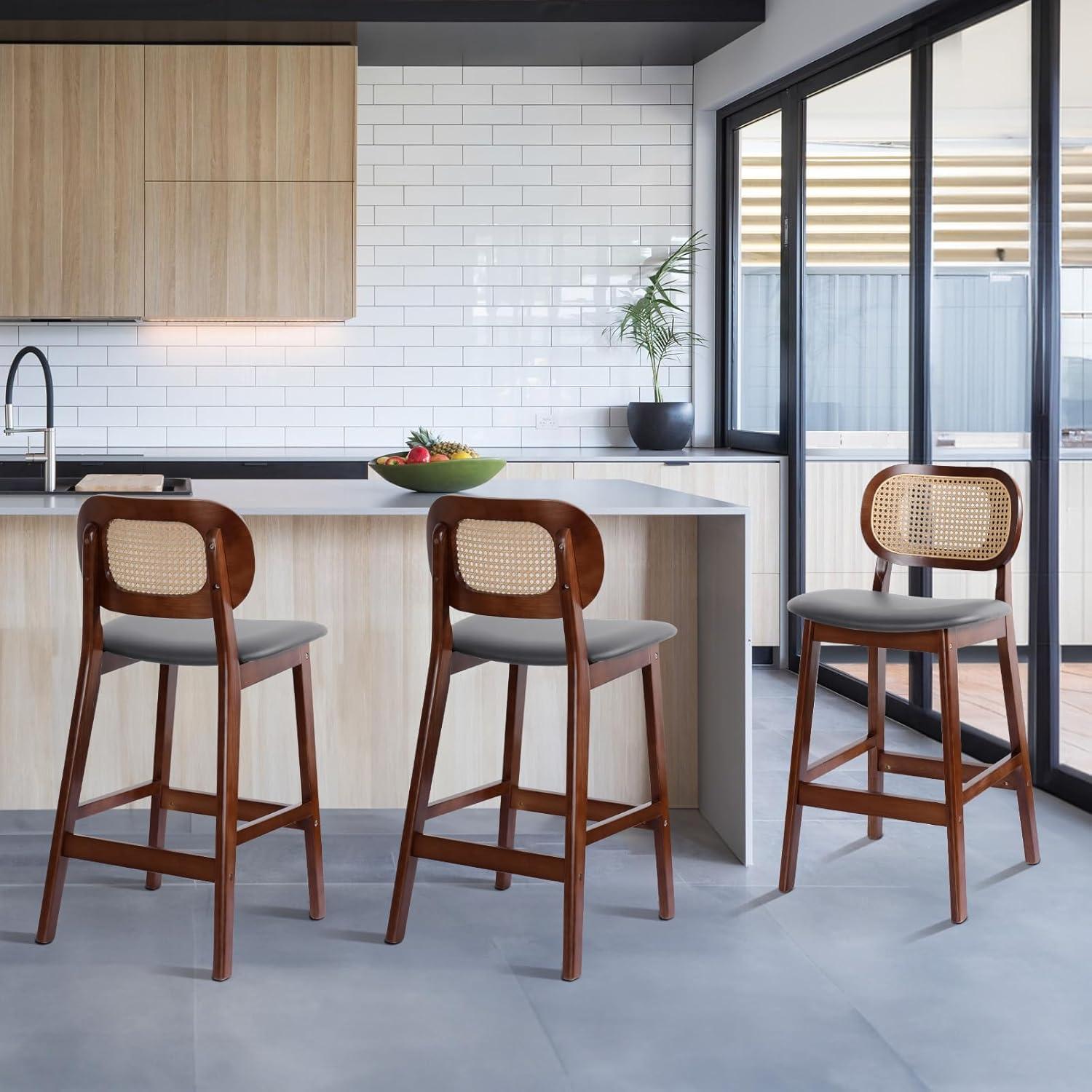 Lucky Monet 25.2" Upholstered Wood Counter Height Bar Stools w/ Rattan Back - 36.81"H x 17.72"W x 18.7"D Set of 3 - White Boucle Fabric/ Natural Frame