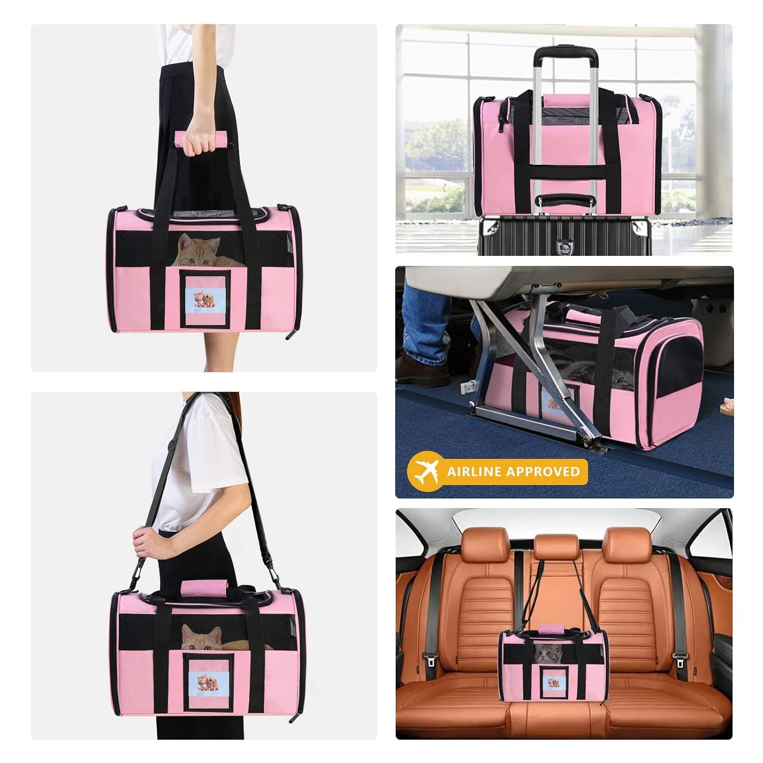 Cat Carrier Pet Carriers Airline Approved for Small Dogs Kitten Carriers for Small Medium Cats Under 15lb, Collapsible Soft Sided TSA Approved Travel Carrier, Pink