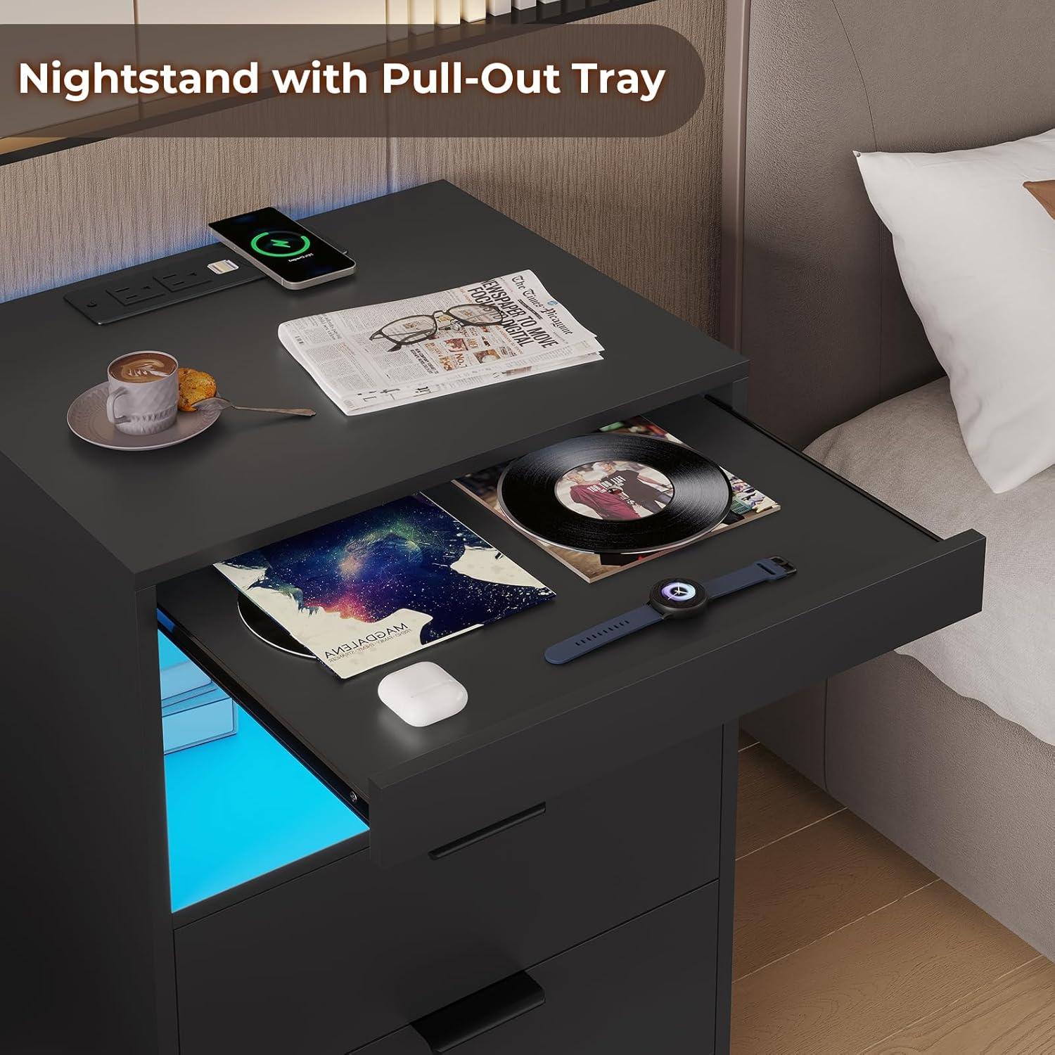 Exlonjet Black Nightstand with Wireless Charging Station and LED Lights, Bedside Table with 2 Drawers, Open Storage, 1 Pull-Out Tray, End Side Table with Charging Station, LED Night Stand with Storage