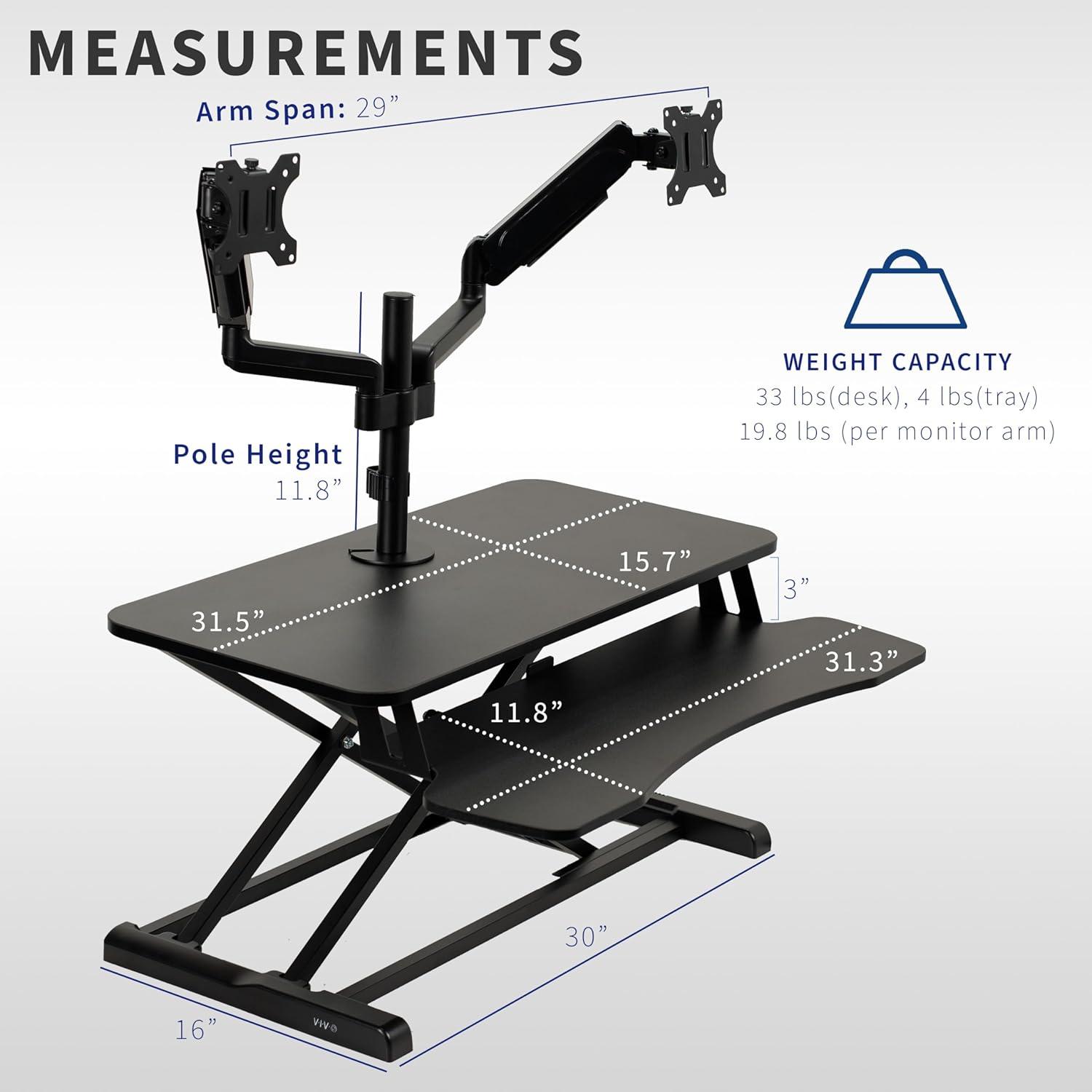 VIVO Black 32" Standing Desk Riser with Dual Monitor Arm for up to 32" Screens