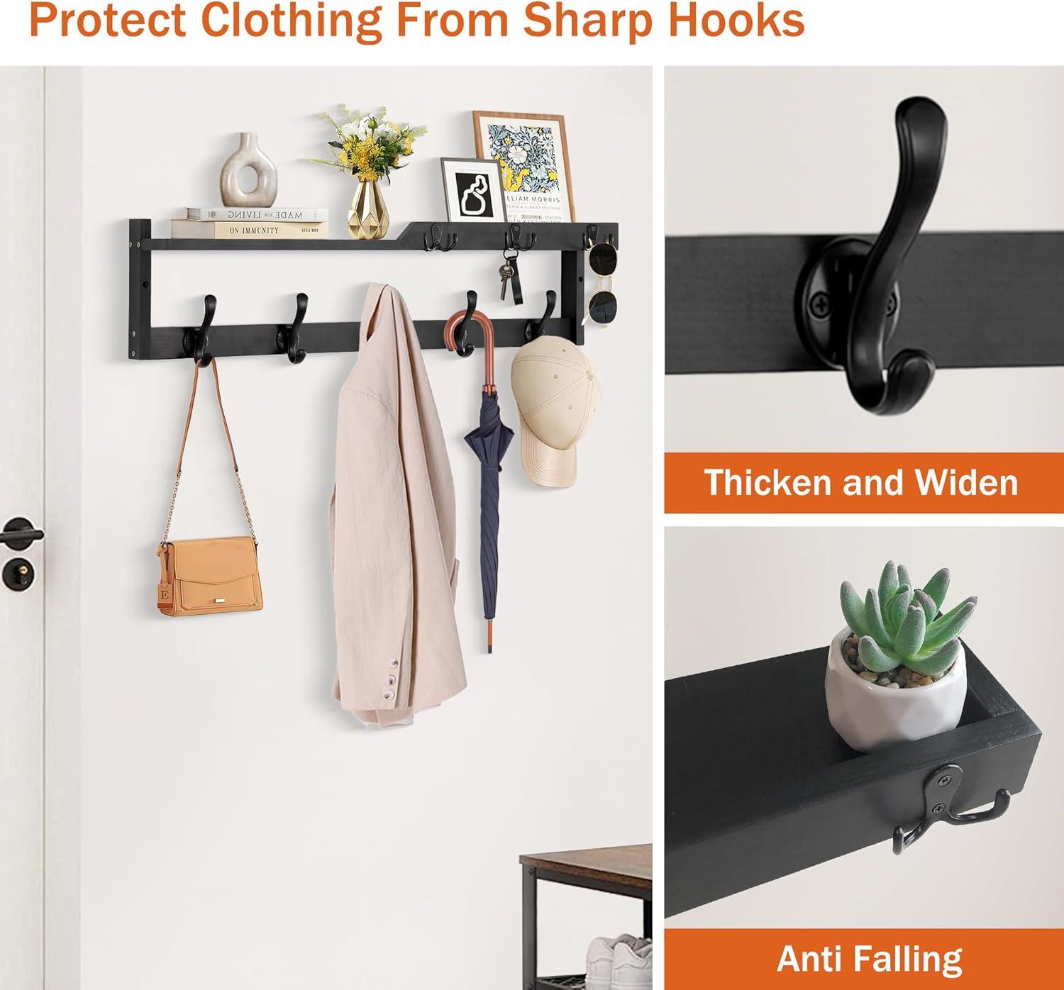 Black Wood Wall Mount Coat Rack with Shelf and 5 Hooks