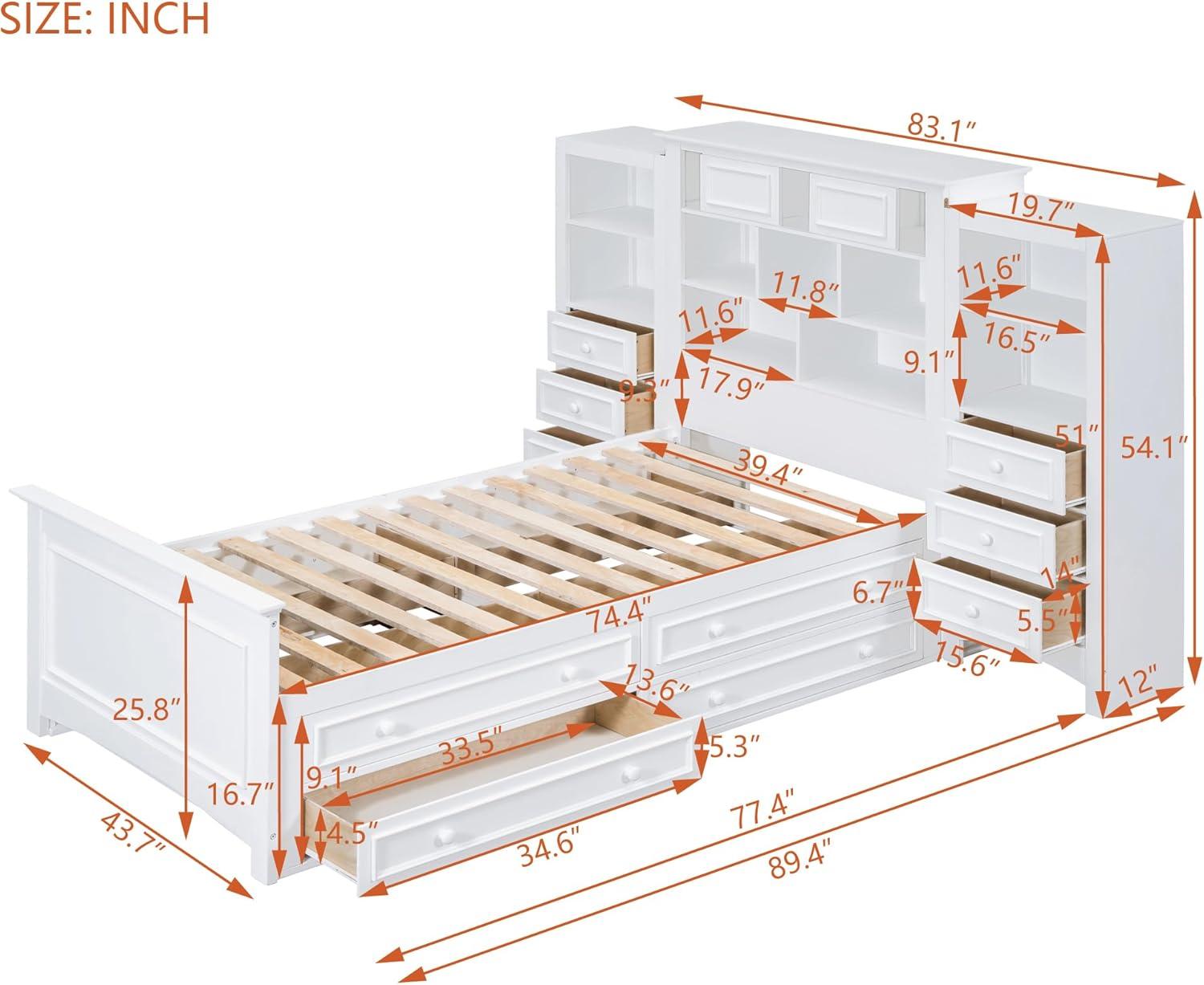 White Twin Wood Platform Bed with Bookcase Headboard and Storage Drawers