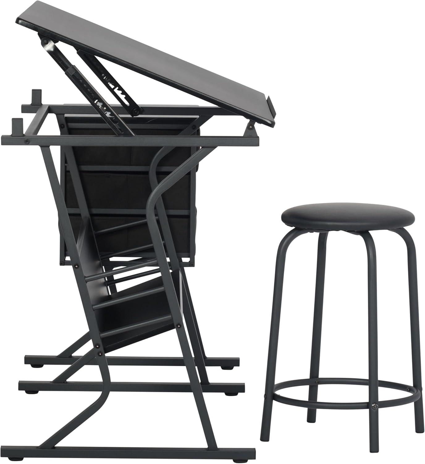 Studio Designs Home 2pc Eclipse Ultra Center/Drawing Table with Angle Adjustable Top, Storage Shelf, and Drawers with Padded Stool Set Black