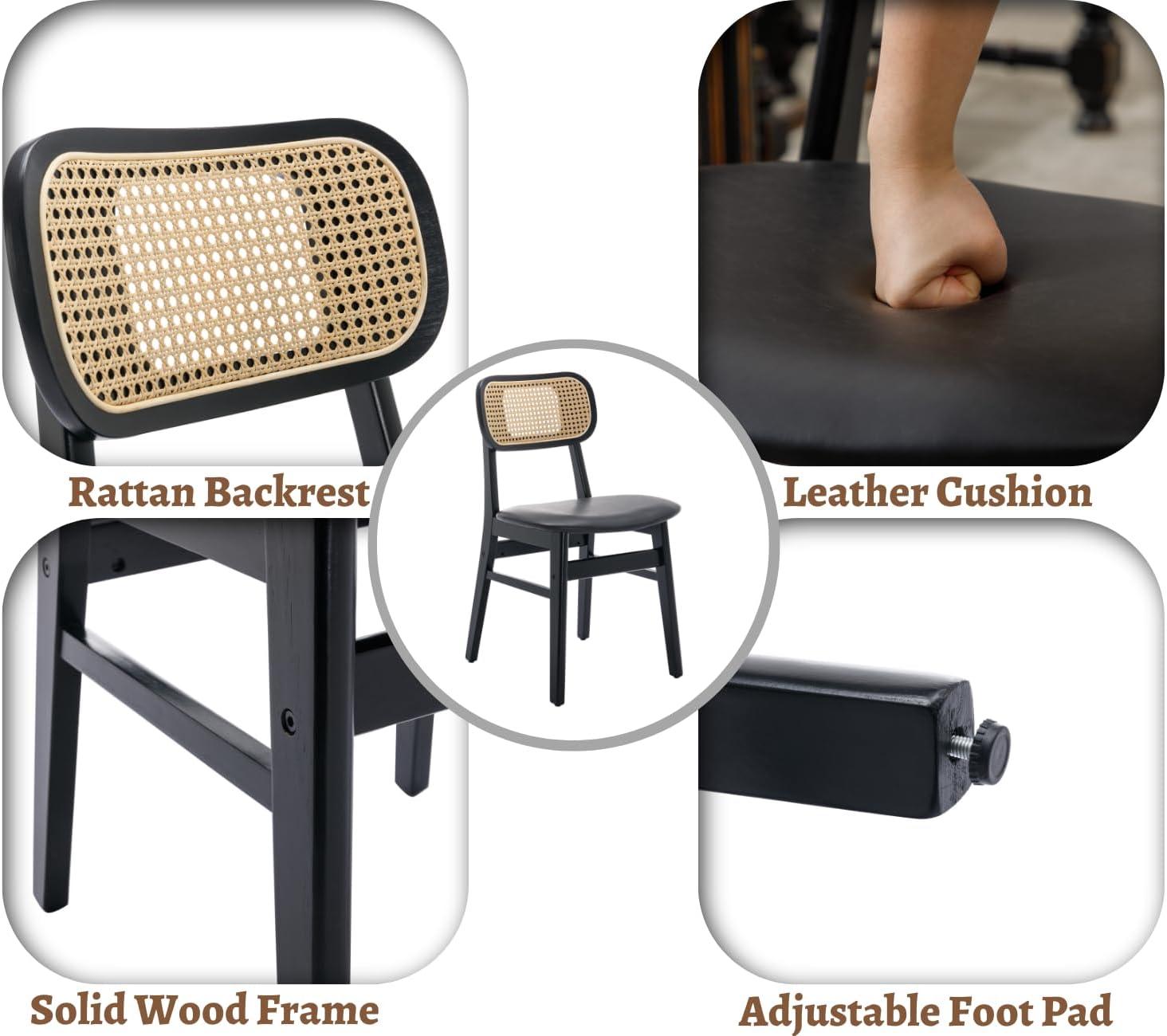 Upholstered Faux Leather Seat Rattan Back Dining Chair, Solid Wood Frame Side Chair For Living Room
