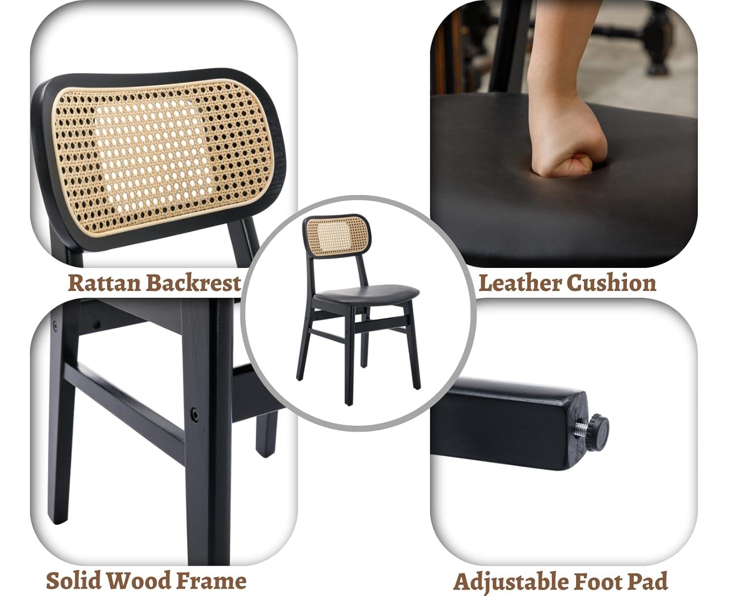 Upholstered Faux Leather Seat Rattan Back Dining Chair, Solid Wood Frame Side Chair For Living Room