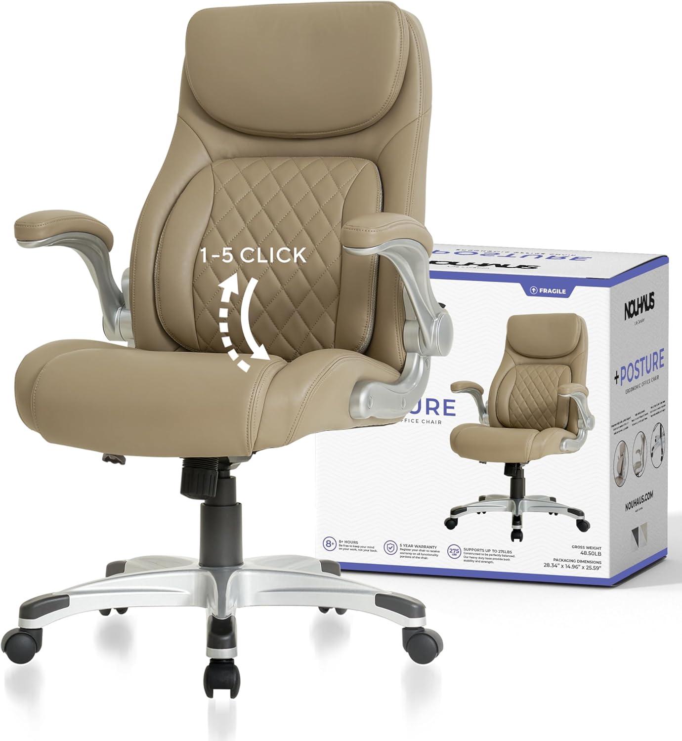 Nouhaus Posture Ergonomic PU Leather Office Chair. Click5 Lumbar Support with FlipAdjust Armrests. Modern Executive Chair and Computer Desk Chair