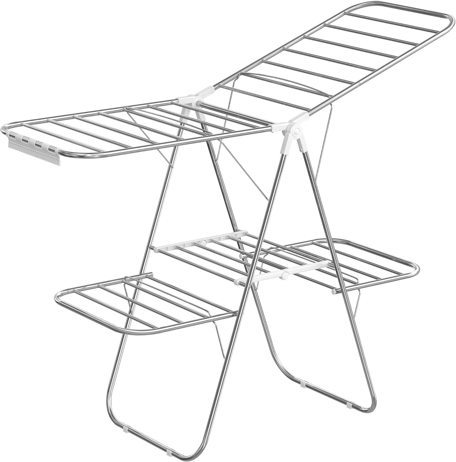 Foldable White and Silver 2-Level Clothes Drying Rack