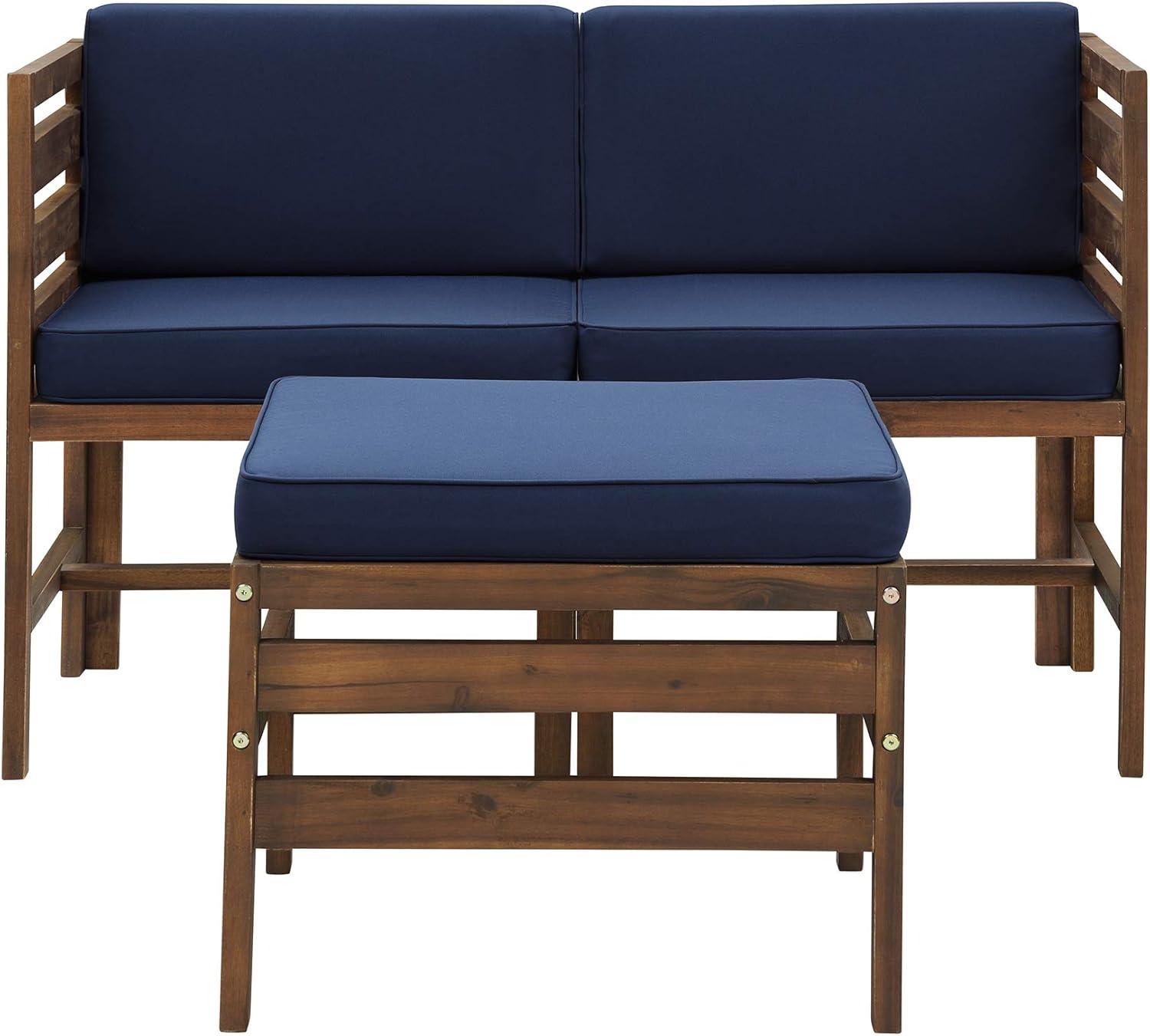 Sanibel Acacia Wood Outdoor Arm Chairs and Ottoman Set - Dark Brown/Navy