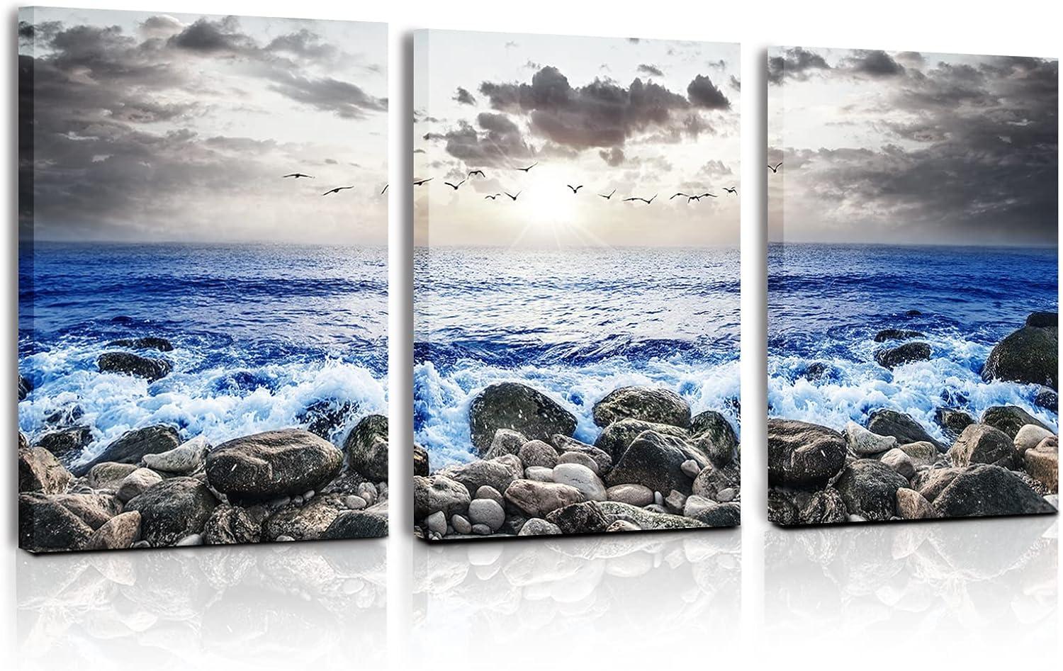 SERIMINO Beach Canvas Wall Art for Living Room, Blue Coastal Wall Decor for Bedroom, Seaside Pictures for Bathroom Wall Decoration, Ocean Painting Set for Office, Home Decor for Wall