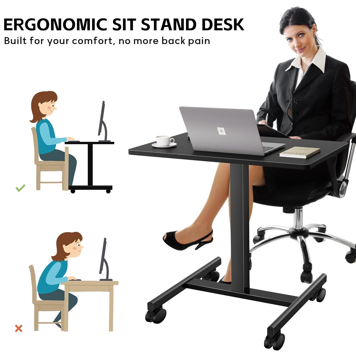 Mobile Laptop Standing Desk Adjustable Height, Small Mobile Desk Workstation with Wheels, Portable Rolling Computer Desk Cart for Home Office Classroom (Black)