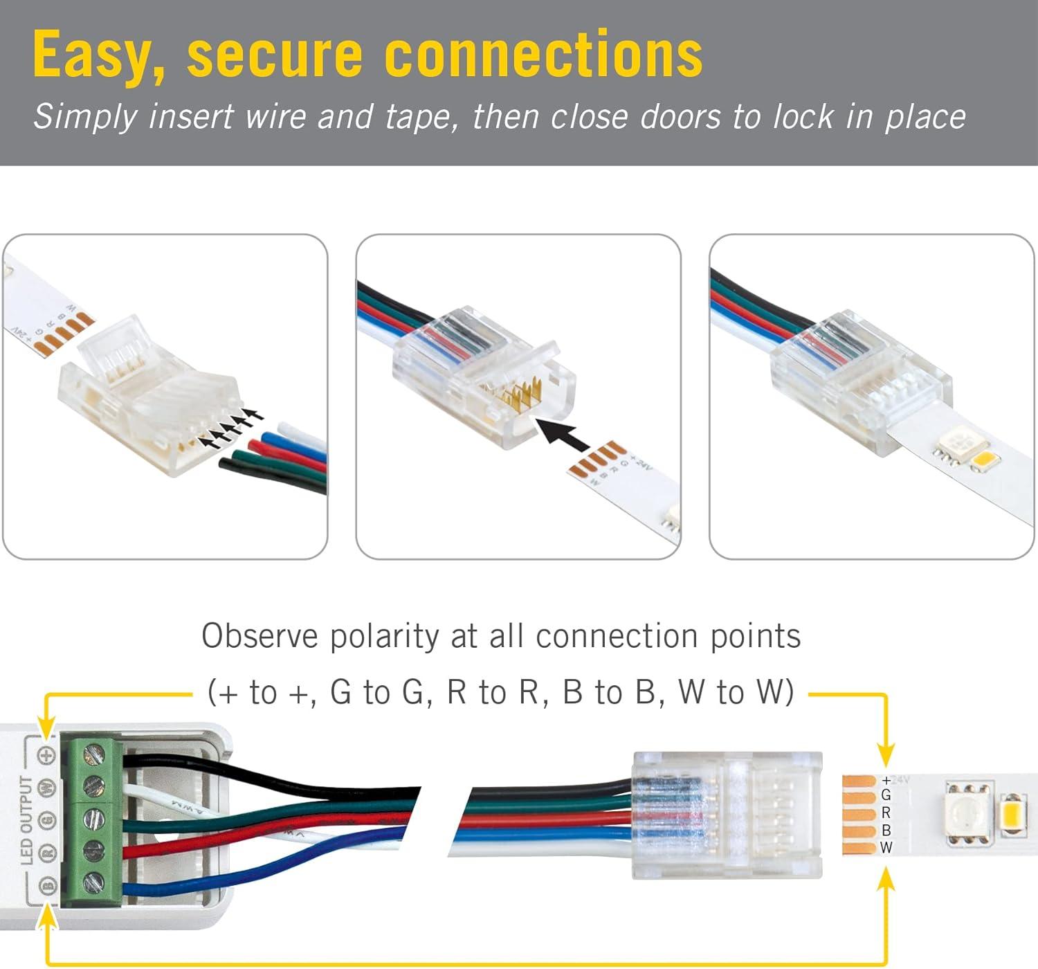 5 Pin LED Strip Light RGB+W Wire to Tape Connector, 6 Pack