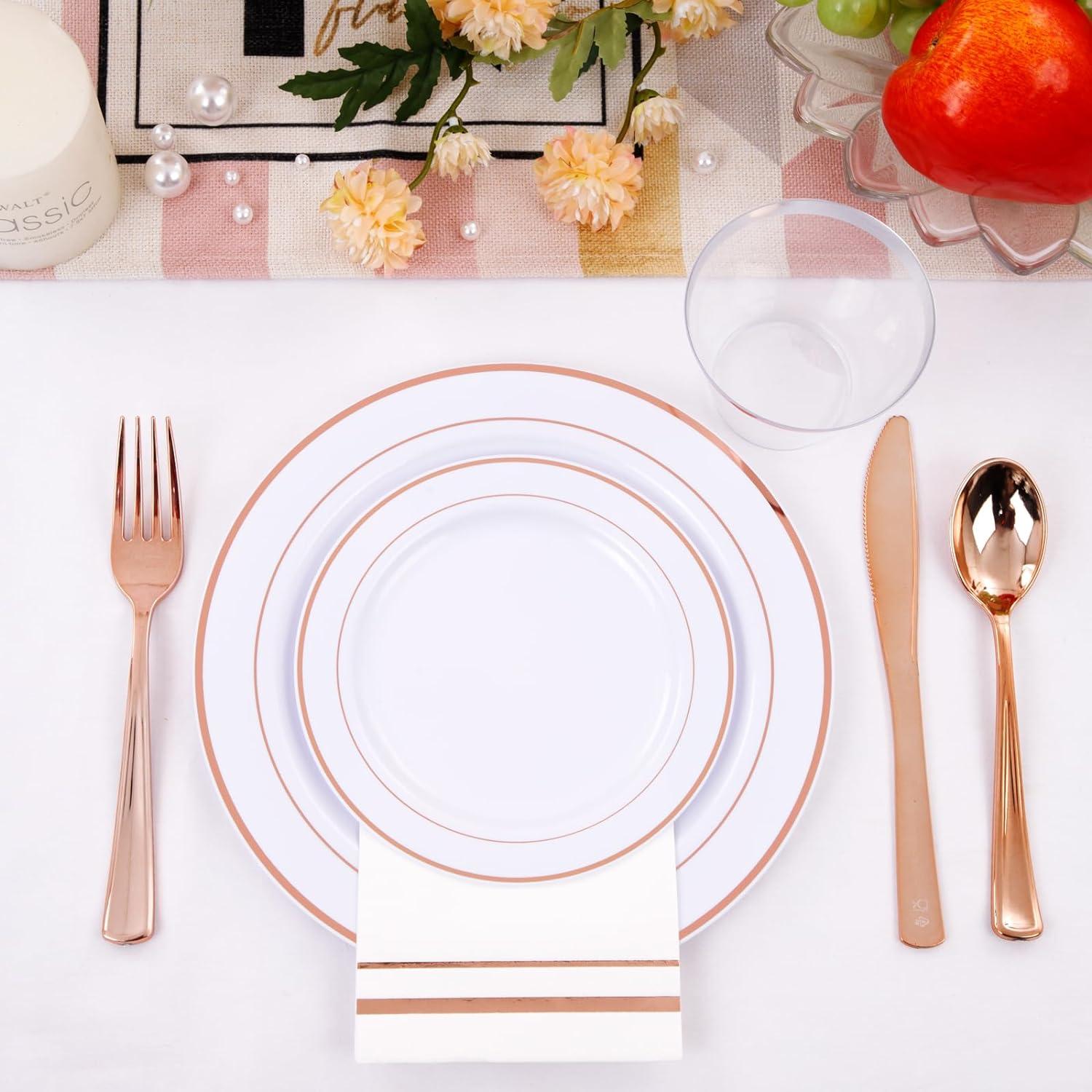 Rose Gold and Clear Plastic Dinnerware Set for 50 Guests