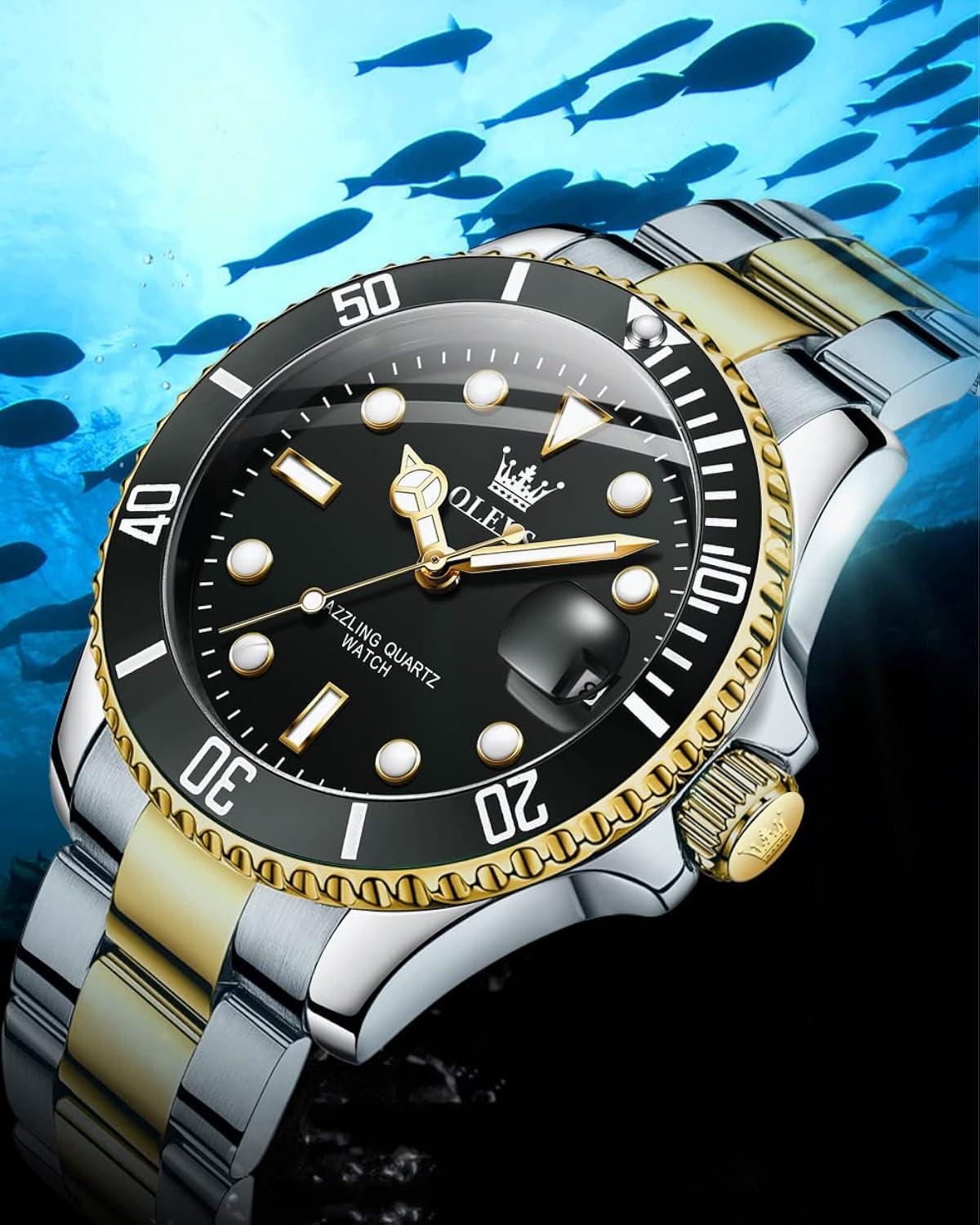 OLEVS Men Watch,Big Dial Watches for Men Stainless Steel Watch with Day Waterproof Analog Quartz Watches for Man Classic Business Wristwatch Luxury Luminous Round for Men Rotatable Bezel Watch