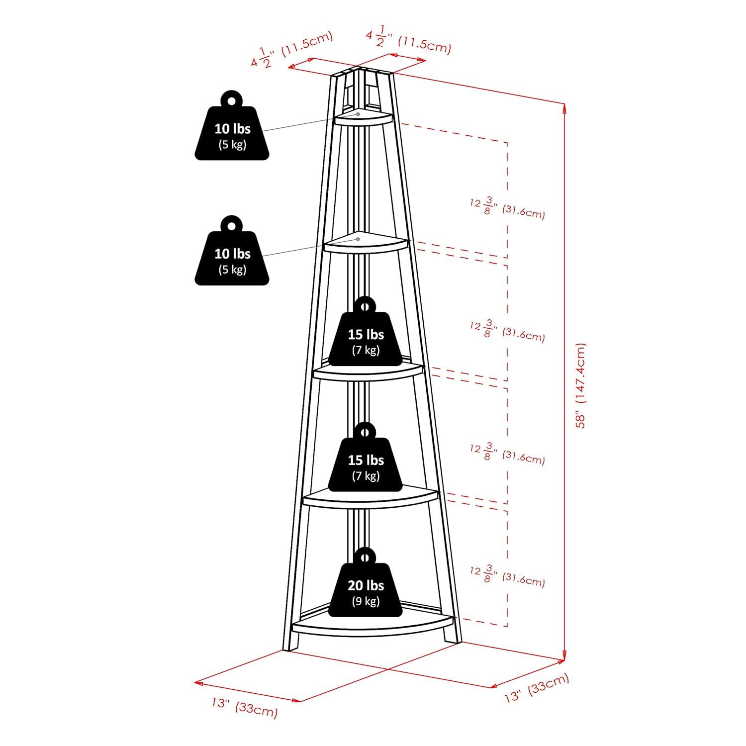 Winsome 58" Adam A Frame Corner Shelf Black: Mid-Century Modern Design, 5-Tier Storage, Lacquered Finish