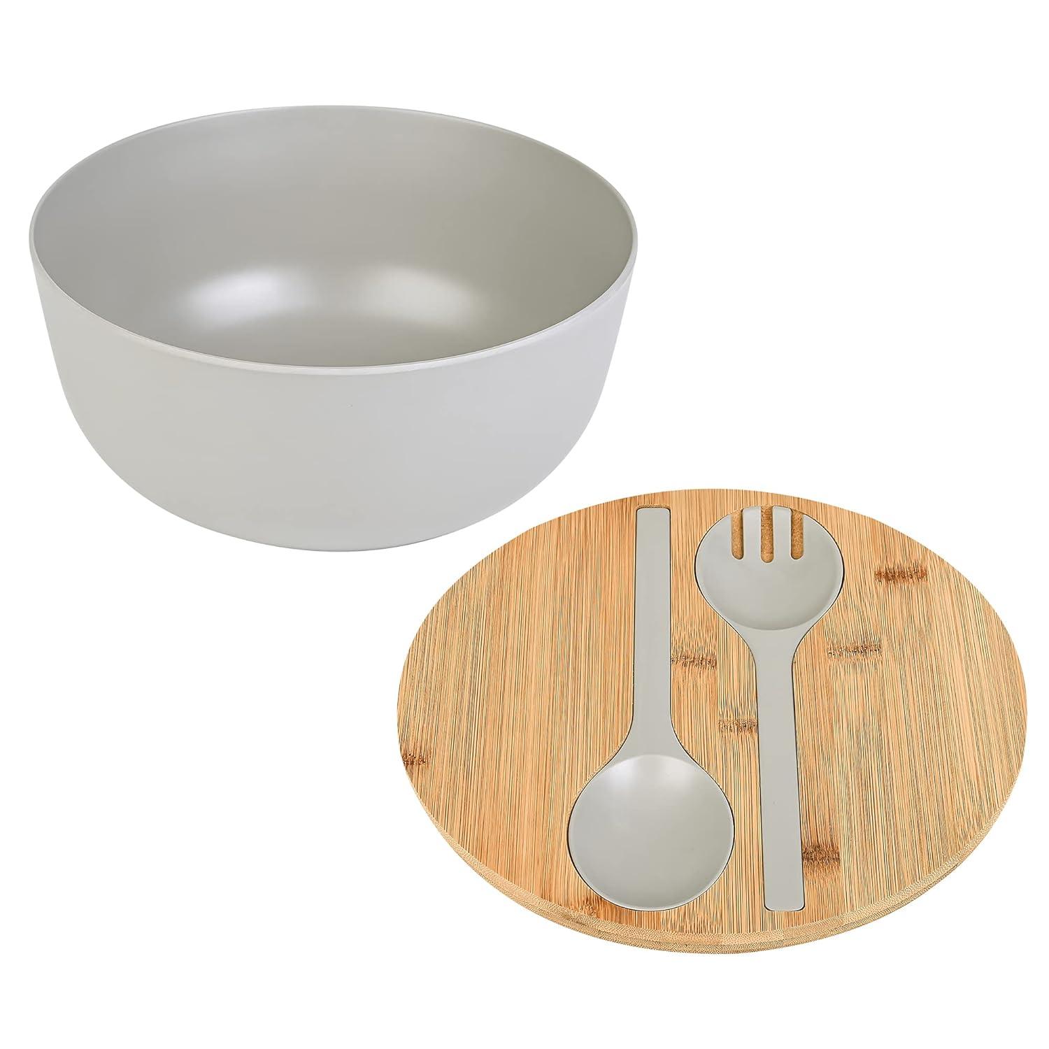 Large salad bowl with lid, upgraded version of bamboo fiber salad bowl with lid, 9.8-inch mixed salad bowl and server, and a set of free quick salad tools