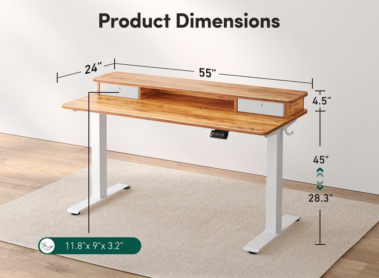 Agilestic Adjustable Height Electric Standing Desk with Storage Wooden Drawer, 55 x 24 Inches Stand Up Home Office Computer Gaming Table for Work Office Home, Rustic Brown