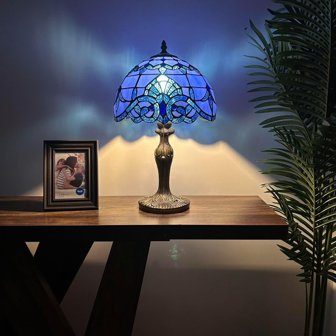 Tiffany Table Lamp Blue Stained Glass Baroque Style Lavender LED Bulb Included for Living Room Bedroom Bedside 12'W*19"H