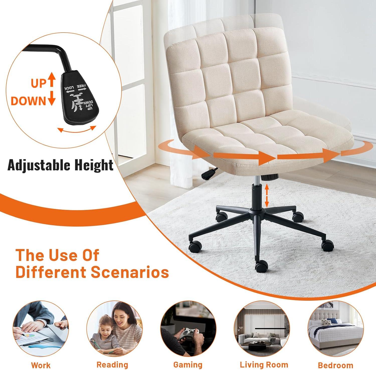 Furniliving Home Office Desk Chair with Wheels,Criss Cross Legged Wide Chair Armless Height Adjustable Chair with Mid Back Swivel Accent Vanity Chairs,Linen-Beige
