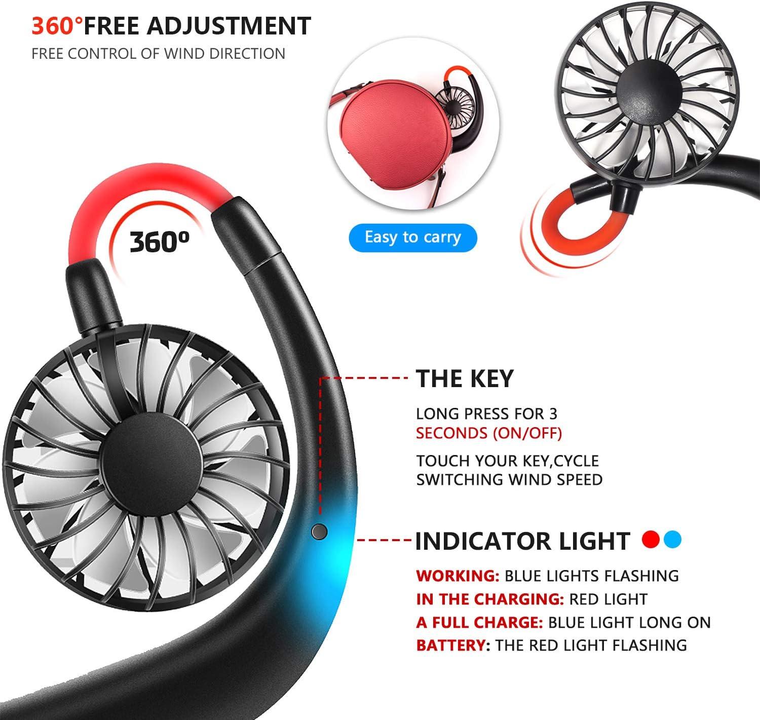 Portable Neck Fan, Hand Free Personal Mini Fans USB Rechargeable,360 Degree Free Rotation for Traveling, Sports, Office, Reading (3 Speed Adjustable, Headphone Design) Wearable Neckband Cooler (Black)
