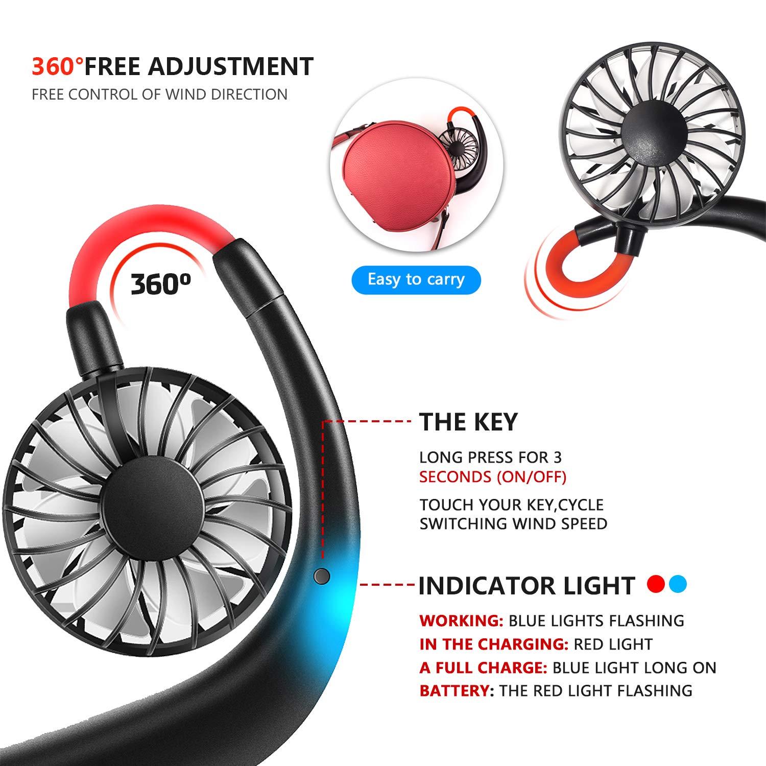 Portable Neck Fan, Hand Free Personal Mini Fans USB Rechargeable,360 Degree Free Rotation for Traveling, Sports, Office, Reading (3 Speed Adjustable, Headphone Design) Wearable Neckband Cooler (Black)