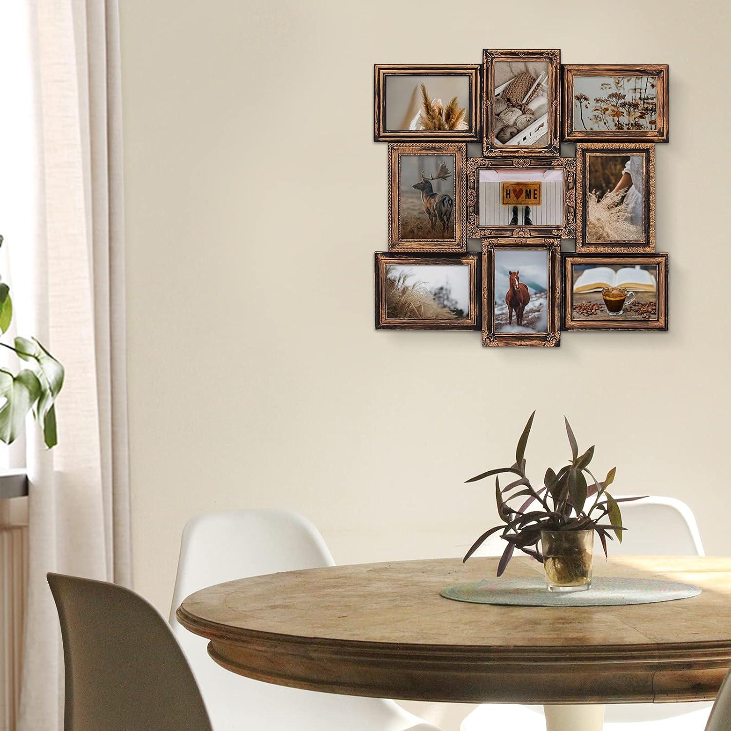 J.M.Deco Picture Frame Sets for Wall, 9 Opening Collage Frame, 6 x 4 With Family Friend's Memory, Rustic Distressed Photo Frame Wall Hanging for 4x6, Gold