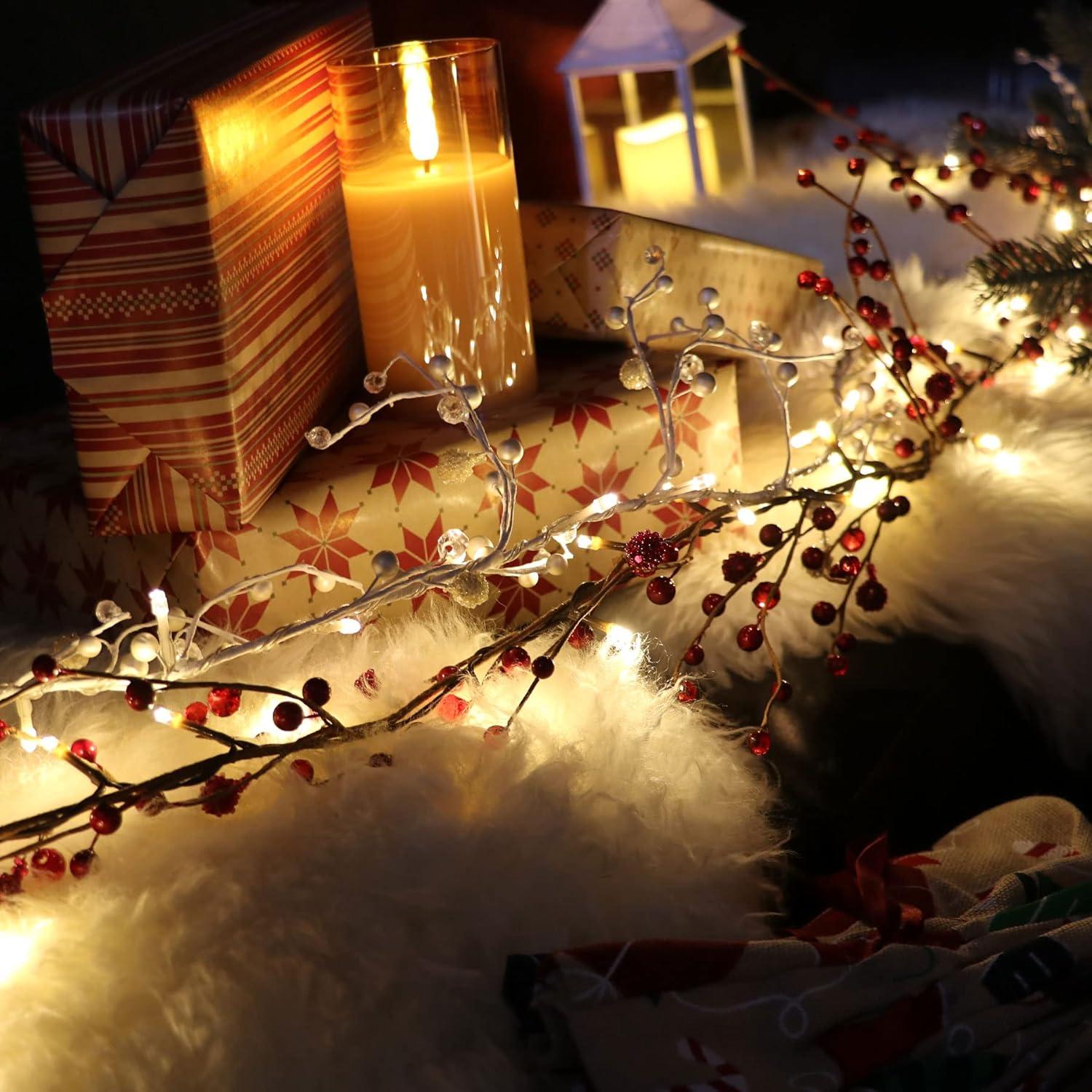 Rhytsing Red Berry Garland with 30 LED Lights, Battery Operated  with Timer Function for Christmas - 5.9FT