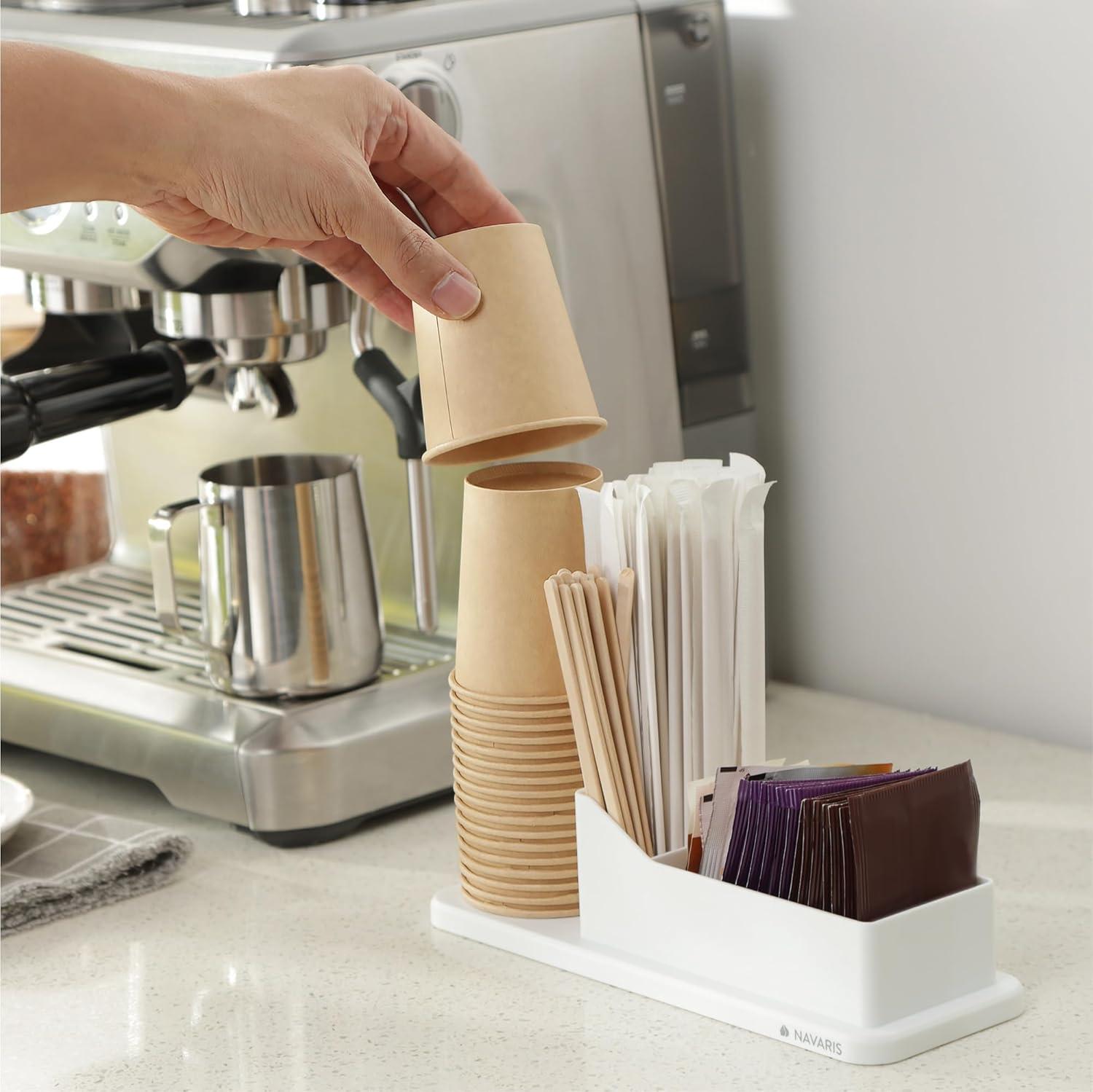 Navaris Small Coffee Station Organizer - Tea and Coffee Condiment Supplies Holder with Stacking Cup Storage - For Kitchen or Office Break Room - Black